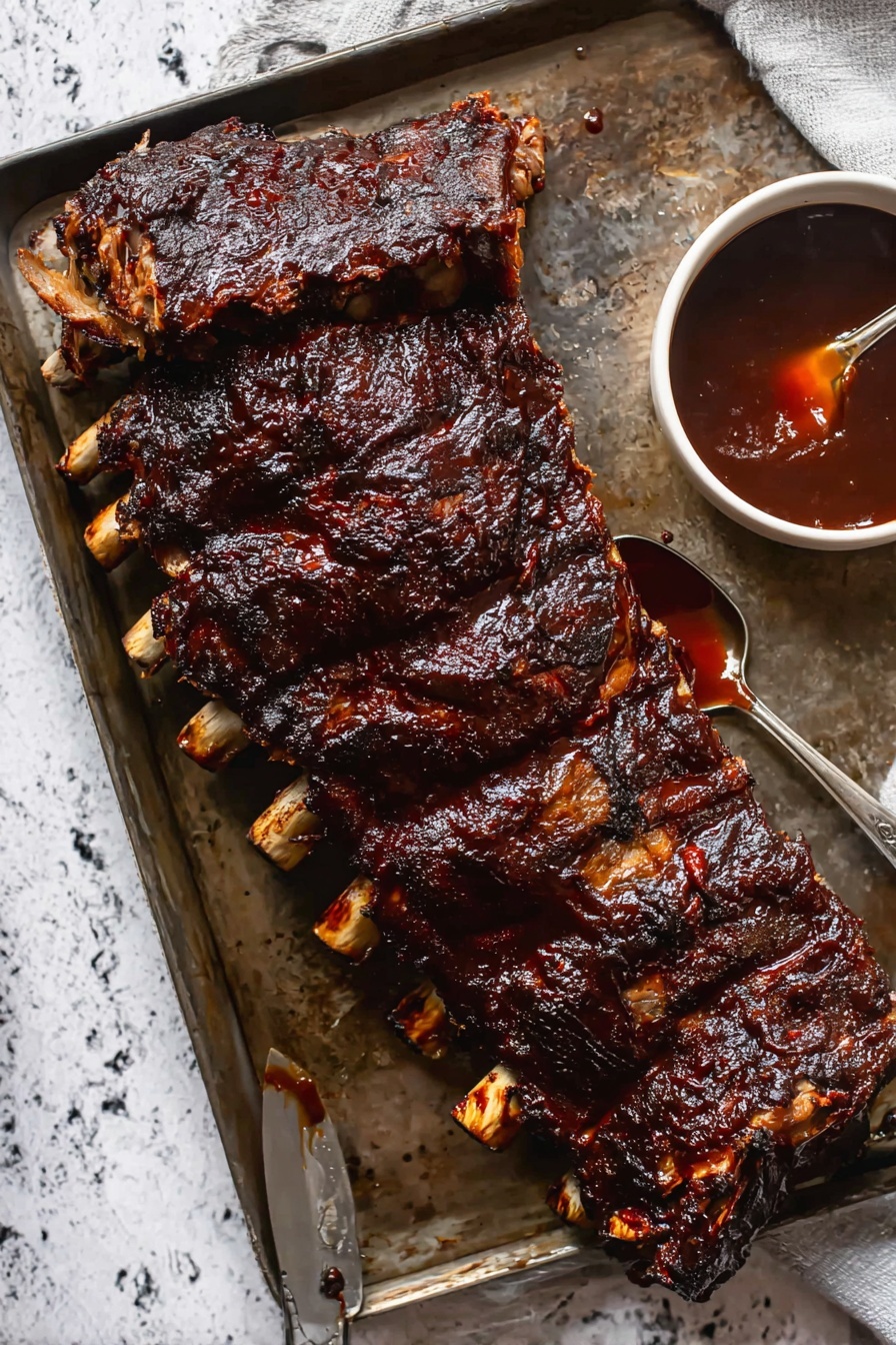 A large rack of dark brown glazed ribs rests on a worn metal tray, each rib showing a thick layer of shiny barbecue sauce with some charred edges. The ribs are arranged side by side, showing the meat's texture and the bones slightly exposed at the bottom, with a rich, sticky coating on top. To the right side of the tray, a small white bowl holds more dark reddish-brown barbecue sauce with a spoon inside, ready for dipping. The background shows a white marbled texture surface partially visible around the tray. Photo taken with an iphone --ar 2:3 --v 7 - Oven-Baked Beef Back Ribs, beef back ribs, baked ribs, tender beef ribs, easy rib recipe