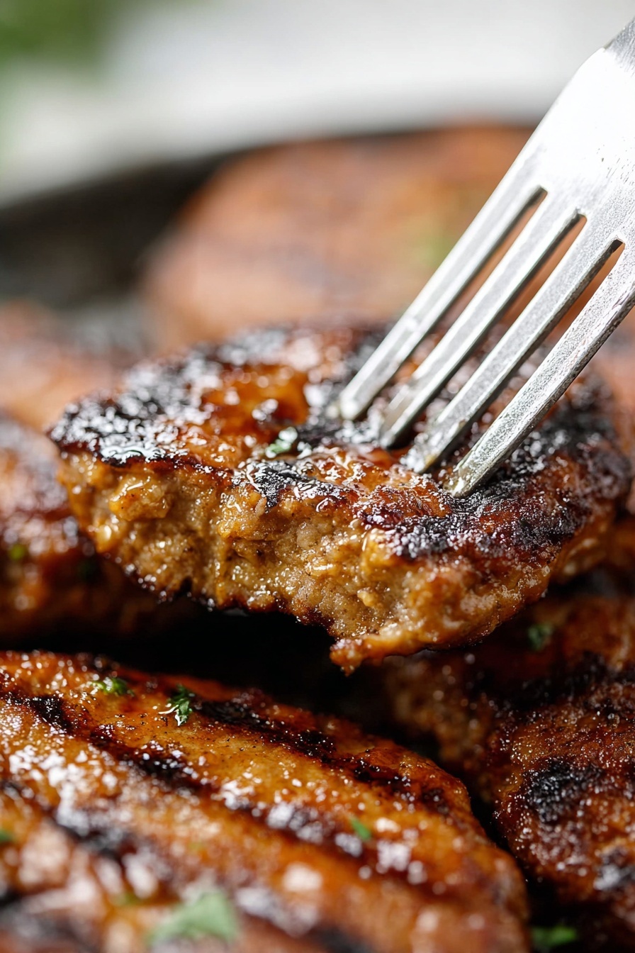 A stack of five brown, crispy fried patties sits on a white plate with a white marbled surface underneath. The patties have uneven edges and a rough, textured surface with small green herb pieces sprinkled on top. A dark gray textured pitcher, held by a woman's hand out of frame, pours a thick amber syrup onto the top patty, catching the light and adding a glossy shine to the stack. Photo taken with an iphone --ar 2:3 --v 7 - Maple Breakfast Sausage, sweet and savory breakfast sausage, homemade breakfast sausage, easy breakfast sausage recipe, maple sausage link