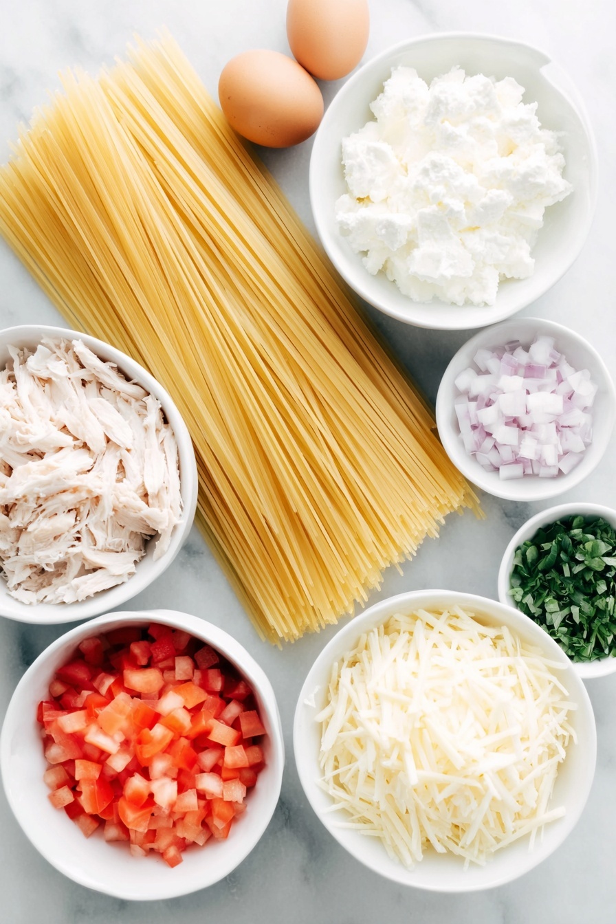 Flat lay of uncooked spaghetti noodles arranged in a neat bundle, two whole brown eggs with clean shells, a small cluster of diced fresh red bell pepper, a small mound of diced white onion, a drained pile of bright red diced tomatoes, a wedge of soft cream cheese, a small white ceramic bowl with clear chicken broth, another small white bowl filled with creamy white milk, a few fresh green oregano leaves, fresh green basil leaves, a small heap of garlic cloves, a small pinch of coarse sea salt crystals, a few whole black peppercorns, a small pile of shredded sharp cheddar cheese, a small pile of shredded mozzarella cheese, and a portion of cooked shredded chicken, all placed elegantly in simple white ceramic bowls or neat piles, arranged symmetrically and balanced, placed on a clean white marble surface, soft natural light, photo taken with an iPhone, professional food photography style, fresh ingredients, white ceramic bowls, no bottles, no duplicates, no utensils, no packaging --ar 2:3 --v 7 --p m7354615311229779997 - Creamy Chicken Spaghetti Bake, Chicken and Spaghetti Casserole, Easy Chicken Pasta Bake, Cheesy Chicken Pasta, Comfort Food Spaghetti Bake