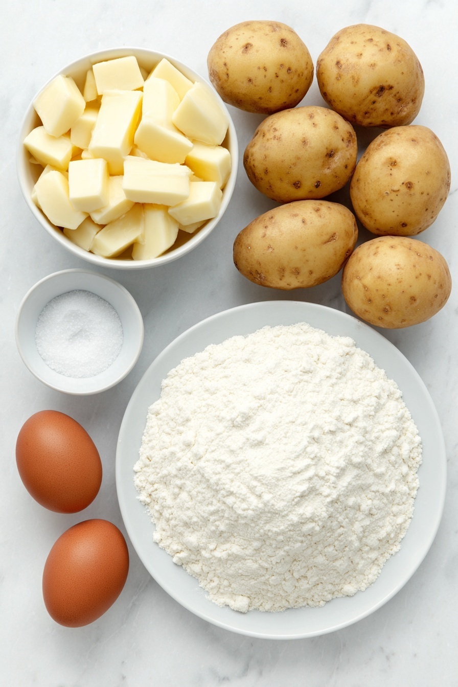Flat lay of two medium raw potatoes cut into equal pieces, a small white ceramic bowl filled with warm water, a small white ceramic bowl holding a tablespoon of active dry yeast granules, a large mound of all-purpose flour on a plain white ceramic plate, one teaspoon of salt in a small white ceramic bowl, two whole uncracked brown eggs arranged symmetrically, placed on a clean white marble surface, soft natural light, photo taken with an iPhone, professional food photography style, fresh ingredients, white ceramic bowls, no bottles, no duplicates, no utensils, no packaging --ar 2:3 --v 7 --p m7354615311229779997 - No Knead Potato Bread, easy no knead bread recipe, homemade potato bread, fluffy bread with potatoes, beginner bread baking recipe