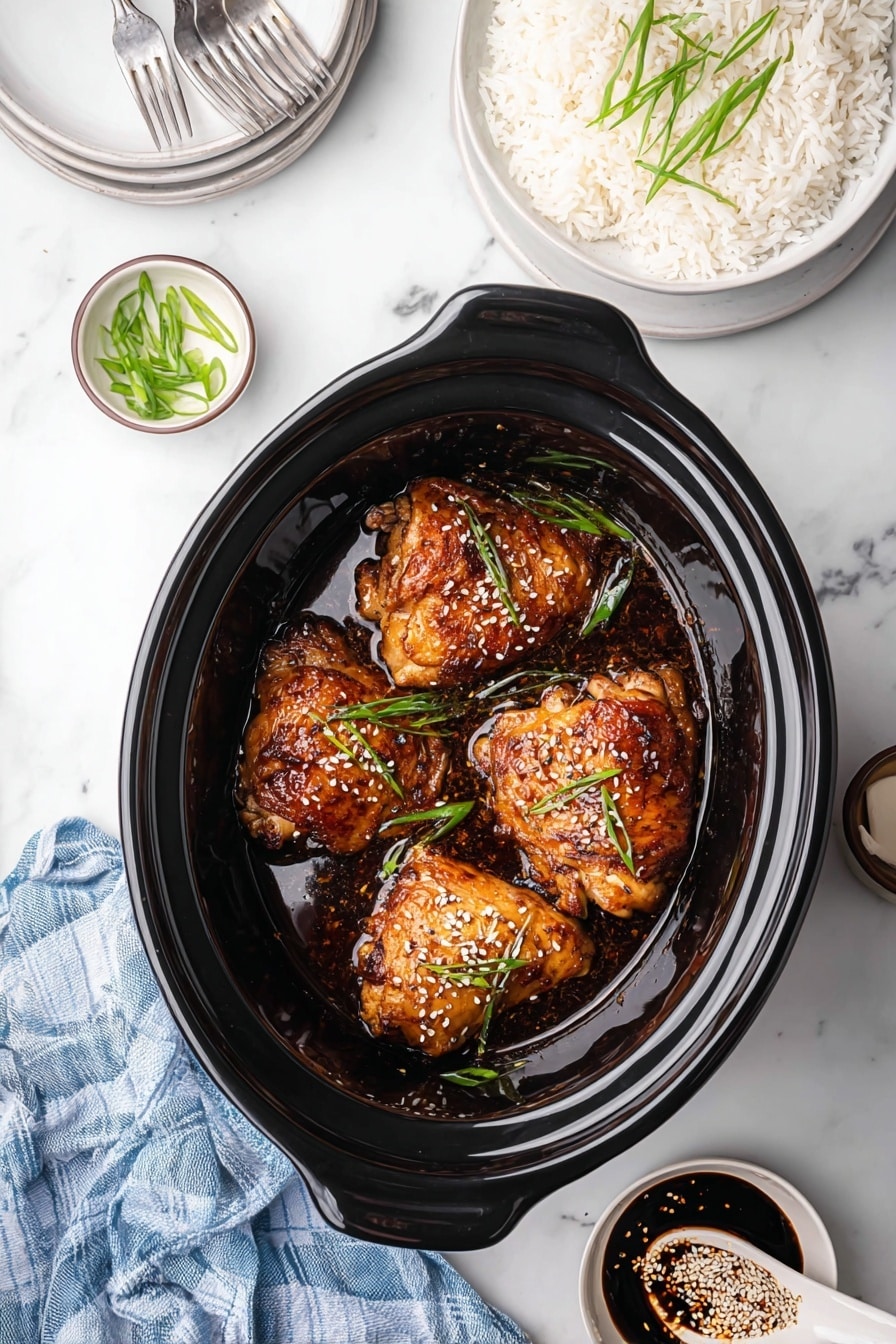 The image shows five browned chicken thighs with crispy skin inside a black slow cooker. The chicken pieces are coated in a dark, shiny sauce and sprinkled with white sesame seeds and small cuts of green onion on top. Surrounding the slow cooker on a white marbled surface are a white plate with white rice garnished with sliced green onions, a set of three silver forks on a white plate, a small white bowl with sliced green onions, a small white bowl of sesame seeds, and a white spoon filled with dark sauce sprinkled with sesame seeds. A blue kitchen towel with white grid patterns is folded in the top left corner. Photo taken with an iphone --ar 2:3 --v 7 - Slow Cooker Teriyaki Chicken Thighs, easy slow cooker chicken recipes, healthy teriyaki chicken dinner, juicy chicken thighs stir-fry, flavorful slow cooker chicken
