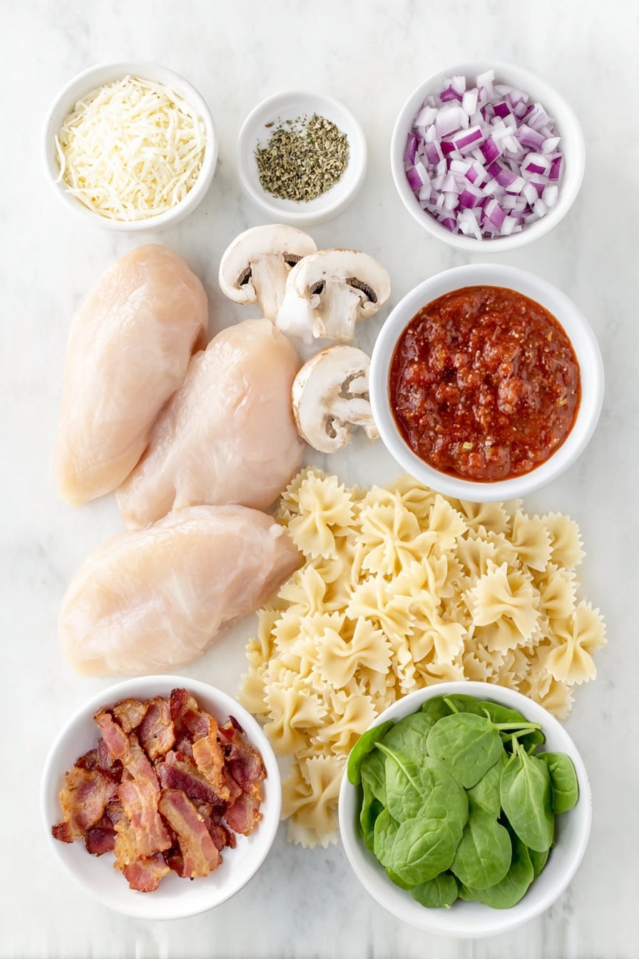 Flat lay of boneless skinless chicken breasts, small pile of ground salt, ground black pepper, garlic powder, dried thyme, dried oregano, small white ceramic bowl of diced red onion, small white ceramic bowl of sliced mushrooms, eight slices of cooked bacon, two small white ceramic bowls filled with rich red spaghetti sauce, small white ceramic bowl of grated parmesan cheese, small white ceramic bowl of fresh baby spinach leaves, cooked bow-tie (farfalle) pasta arranged neatly, all placed on a clean white marble surface, soft natural light, photo taken with an iPhone, professional food photography style, fresh ingredients, white ceramic bowls, no bottles, no duplicates, no utensils, no packaging --ar 2:3 --v 7 --p m7354615311229779997 - Slow Cooker Chicken Bacon Pasta, easy slow cooker pasta recipes, creamy chicken bacon pasta, comfort food dinner ideas, simple slow cooker recipes