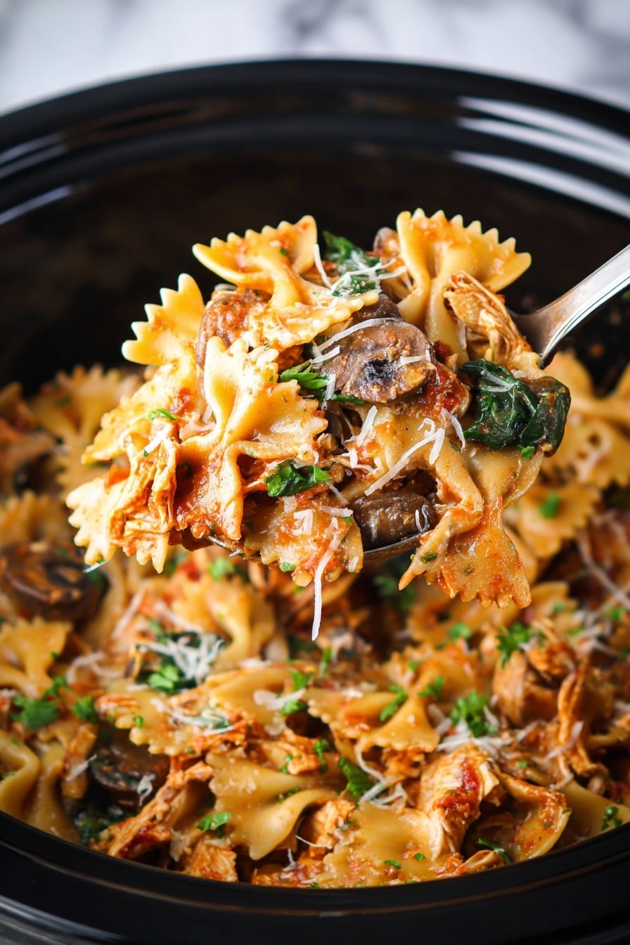 The image shows a close-up of a black bowl filled with bow-tie pasta mixed with shredded cooked chicken, wilted spinach leaves, and slices of cooked mushrooms. The pasta is coated in a light reddish sauce and garnished with some grated cheese and finely chopped herbs. A silver spoon lifts a portion from the bowl, showing the textures of soft pasta, tender chicken, and vegetables all mixed well. The bowl is placed on a white marbled surface. Photo taken with an iphone --ar 2:3 --v 7 - Slow Cooker Chicken Bacon Pasta, easy slow cooker pasta recipes, creamy chicken bacon pasta, comfort food dinner ideas, simple slow cooker recipes