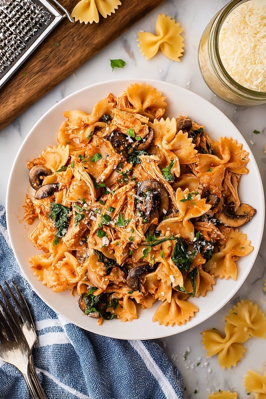 A white plate filled with a mix of bowtie pasta, shredded cooked chicken, sautéed dark brown mushrooms, and wilted green spinach. The pasta and chicken are coated in a light reddish-orange sauce with small bits of green herbs sprinkled across the top, along with a few grated white cheese flakes. The plate sits on a white marbled surface with a clear glass jar of uncooked bowtie pasta and a small grater with cheese shavings next to it. A blue and white striped cloth is draped nearby, and two metal forks are placed at the bottom left corner of the image. Photo taken with an iphone --ar 2:3 --v 7 - Slow Cooker Chicken Bacon Pasta, easy slow cooker pasta recipes, creamy chicken bacon pasta, comfort food dinner ideas, simple slow cooker recipes