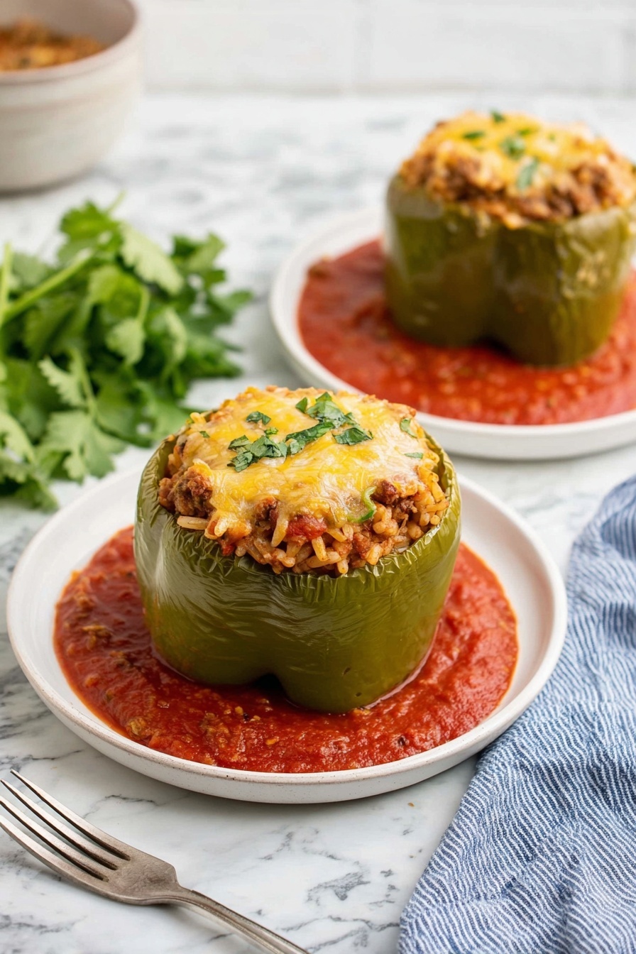 The image shows four green bell peppers standing upright in a white crockpot. Each pepper is filled with a textured mixture of finely chopped rice, ground meat, and spices, topped with small green herb pieces scattered on top. The peppers are surrounded by a visible layer of red tomato sauce at the base, with specks of herbs and spices. The white crockpot contrasts with the warm tones of the filling and sauce. The background surface is a white marbled texture. Photo taken with an iphone --ar 2:3 --v 7 - Slow Cooker Beef and Rice Stuffed Peppers, stuffed bell peppers with beef and rice, easy slow cooker stuffed peppers, hearty stuffed pepper recipe, filling weeknight dinner