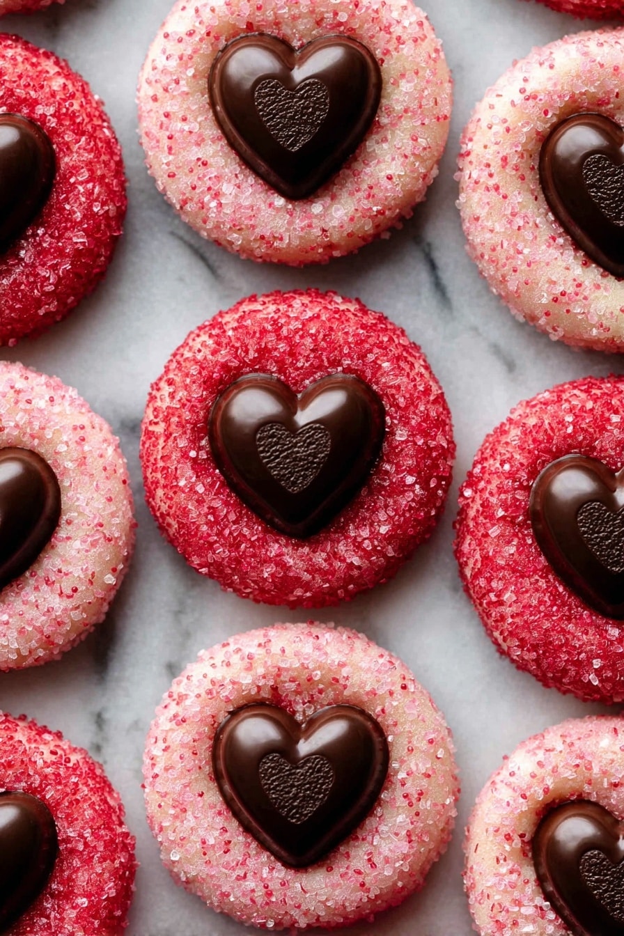 A stack of four round cookies is shown on a white marbled surface. The bottom cookie is light pink with a sugar texture, followed by a bright red cookie also covered in sugar crystals. Above that is another light pink cookie with sugar coating. The top cookie is light pink with coarse sugar grains and has a layer of glossy dark brown chocolate with a heart shape on it. The chocolate layer is thick and smooth, slightly dripping over the cookie edges. Photo taken with an iphone --ar 2:3 --v 7 - Sweetheart Cookie Recipe with Chocolate Hearts, romantic cookies with chocolate, easy Valentine's Day cookies, festive sweetheart cookies, tender butter cookies with chocolate