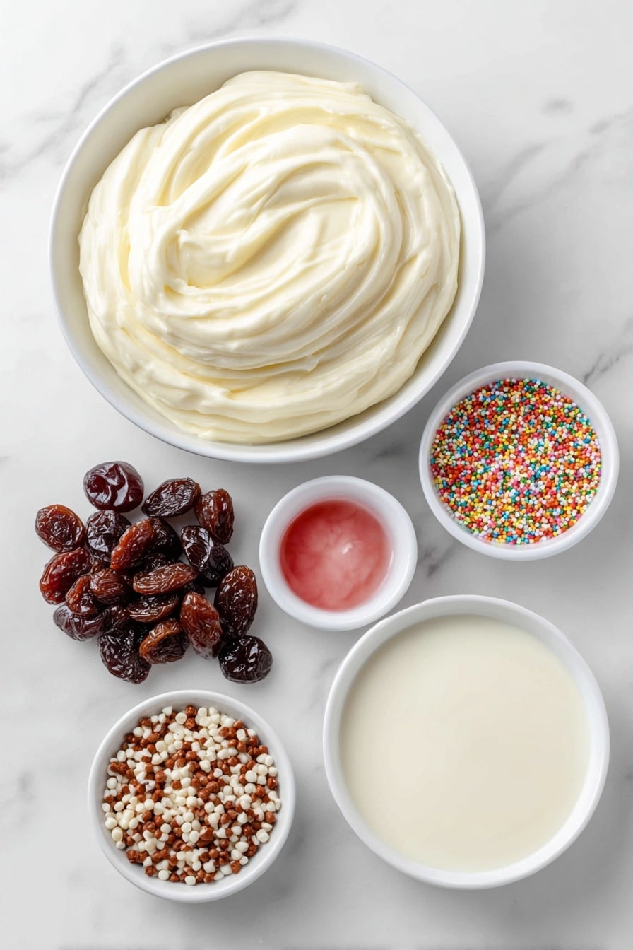 Flat lay of a simple white ceramic bowl filled with smooth white chocolate melting wafers, a small white bowl holding thick sweetened condensed milk, a tiny white bowl containing a few drops of vibrant pink gel food coloring, a handful of glossy dried cherries, and a small pile of colorful sprinkles, all arranged with perfect symmetry and balanced proportions, placed on a clean white marble surface, soft natural light, photo taken with an iPhone, professional food photography style, fresh ingredients, white ceramic bowls, no bottles, no duplicates, no utensils, no packaging --ar 2:3 --v 7 --p m7354615311229779997 - Pink White Chocolate Fudge, white chocolate fudge, pink fudge recipe, easy festive treats, homemade chocolate fudge