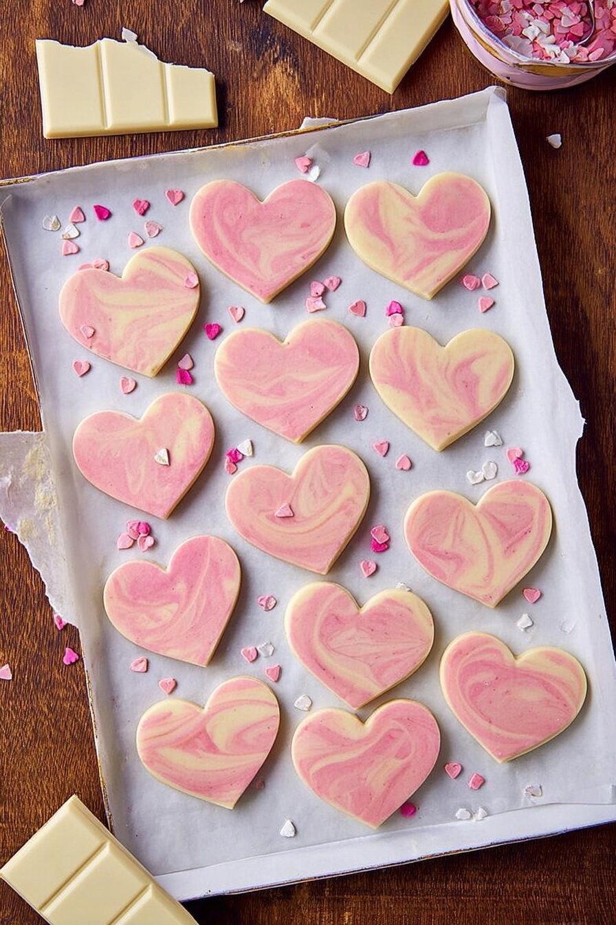 The image shows a stack of heart-shaped cookies with two visible layers. The bottom layer is a pale yellow cookie base, smooth and thick. The top layer is a pink icing with a soft marbled pattern in deeper pink shades, covering the entire cookie surface with a smooth, glossy texture. A small white heart-shaped sprinkle sits on the top right side of the top cookie. The cookies rest on a white marbled textured surface with scattered small heart-shaped sprinkles in pink and white around them. Photo taken with an iphone --ar 2:3 --v 7 - Pink White Chocolate Fudge, white chocolate fudge, pink fudge recipe, easy festive treats, homemade chocolate fudge