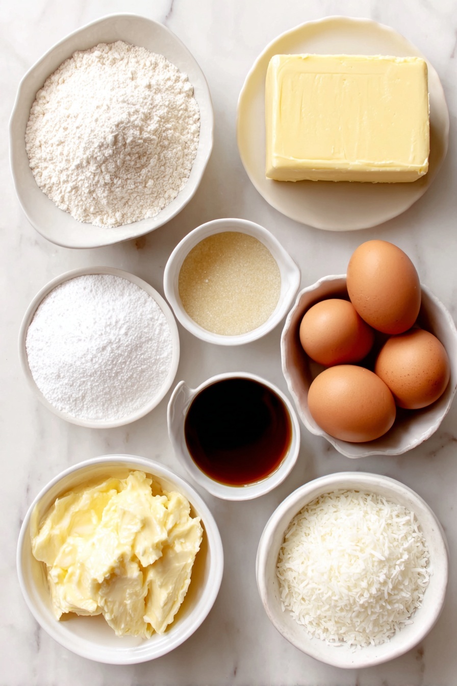 Flat lay of a small mound of all-purpose flour in a simple white ceramic bowl, a small white bowl with fine cornstarch powder, a tiny white bowl holding pale beige baking powder, a pinch of salt displayed loosely on a clean white ceramic dish, a large rectangular block of unsalted butter with a creamy pale yellow color on a white ceramic plate, a small heap of granulated white sugar in a white bowl, three whole brown eggs with smooth uncracked shells, a small white bowl containing clear pale vanilla extract, a dollop of glossy golden dulce de leche in a white bowl, and a small white bowl filled with snowy white desiccated coconut — all ingredients fresh and natural, arranged in perfect symmetry and balanced proportions, placed on a clean white marble surface, soft natural light, photo taken with an iPhone, professional food photography style, fresh ingredients, white ceramic bowls, no bottles, no duplicates, no utensils, no packaging --ar 2:3 --v 7 --p m7354615311229779997 - Heart Sandwich Cookies with Dulce de Leche, delicious sandwich cookies, dulce de leche cookies, charming cookie recipes, sweet caramel sandwich cookies