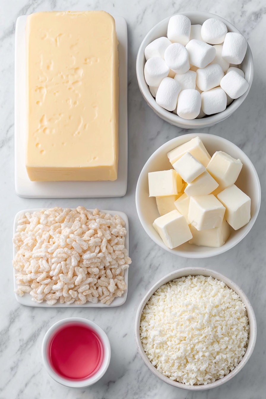Flat lay of a few large chunks of golden butter, a small pile of soft white regular marshmallows, a heap of puffed Rice Krispies cereal, a small white bowl filled with smooth white chocolate wafers, and a tiny white bowl containing bright pink liquid food coloring, all arranged in perfect symmetry with balanced spacing on simple white ceramic dishes placed on a clean white marble surface, soft natural light, photo taken with an iPhone, professional food photography style, fresh ingredients, white ceramic bowls, no bottles, no duplicates, no utensils, no packaging --ar 2:3 --v 7 --p m7354615311229779997 - Chocolate Dipped Heart Rice Krispies Treats, Valentine’s Day Rice Krispies Treats, Heart-Shaped Rice Krispies, Easy Holiday Dessert, Kids' Party Treats