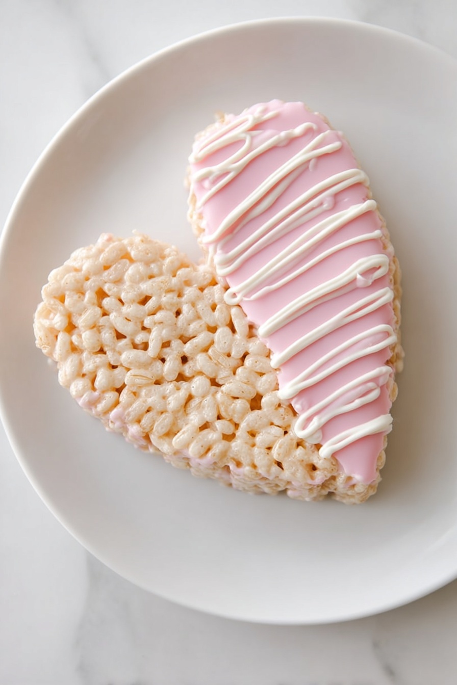 A white plate holds three heart-shaped cereal treats made of light tan puffed rice held together with marshmallow. Each treat has one side dipped in smooth pastel pink coating with delicate white drizzle lines across it. One more treat lies on a white marbled surface below the plate, facing slightly left, showing the same pink and white dripping detail on its curved edge. photo taken with an iphone --ar 2:3 --v 7 - Chocolate Dipped Heart Rice Krispies Treats, Valentine’s Day Rice Krispies Treats, Heart-Shaped Rice Krispies, Easy Holiday Dessert, Kids' Party Treats