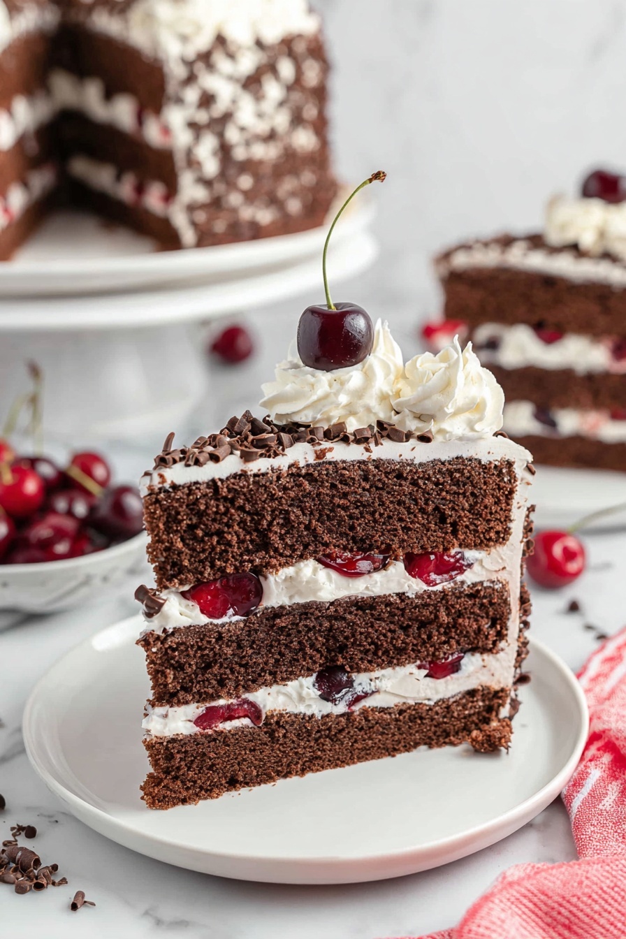 The image shows a three-layer chocolate cake with white cream frosting between each layer and around the outside, in a slightly rustic style where the chocolate cake peeks through the frosting in some places. On top, there is a layer of chocolate shavings in the center, surrounded by eight evenly spaced swirls of white cream. Each cream swirl is topped with one dark red cherry with its stem still on. The cake sits on a white cake stand against a white marbled background. Photo taken with an iphone --ar 2:3 --v 7 - Black Forest Cake with Cherries and Chocolate, German Black Forest Cake, Chocolate Cherry Cake, Classic Black Forest Dessert, Homemade Black Forest Cake
