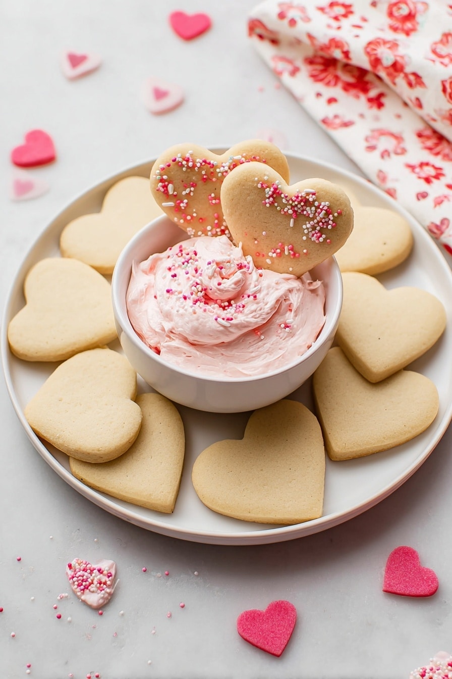 A close-up view of a pale yellow heart-shaped cookie held by a woman's hand, dipped halfway into a fluffy, light pink frosting with small red and pink sprinkles embedded in it. The frosting has a soft, creamy texture with small peaks and a slightly uneven appearance. In the background, a white bowl filled with the same pink frosting sits on a white marbled surface, softly blurred to keep the focus on the cookie and frosting in the foreground. photo taken with an iphone --ar 2:3 --v 7 - Valentine Heart Cookies with Cream Cheese Dip, Valentine's Day cookie recipe, heart-shaped cookies and dip, festive Valentine's treats, easy romantic recipe