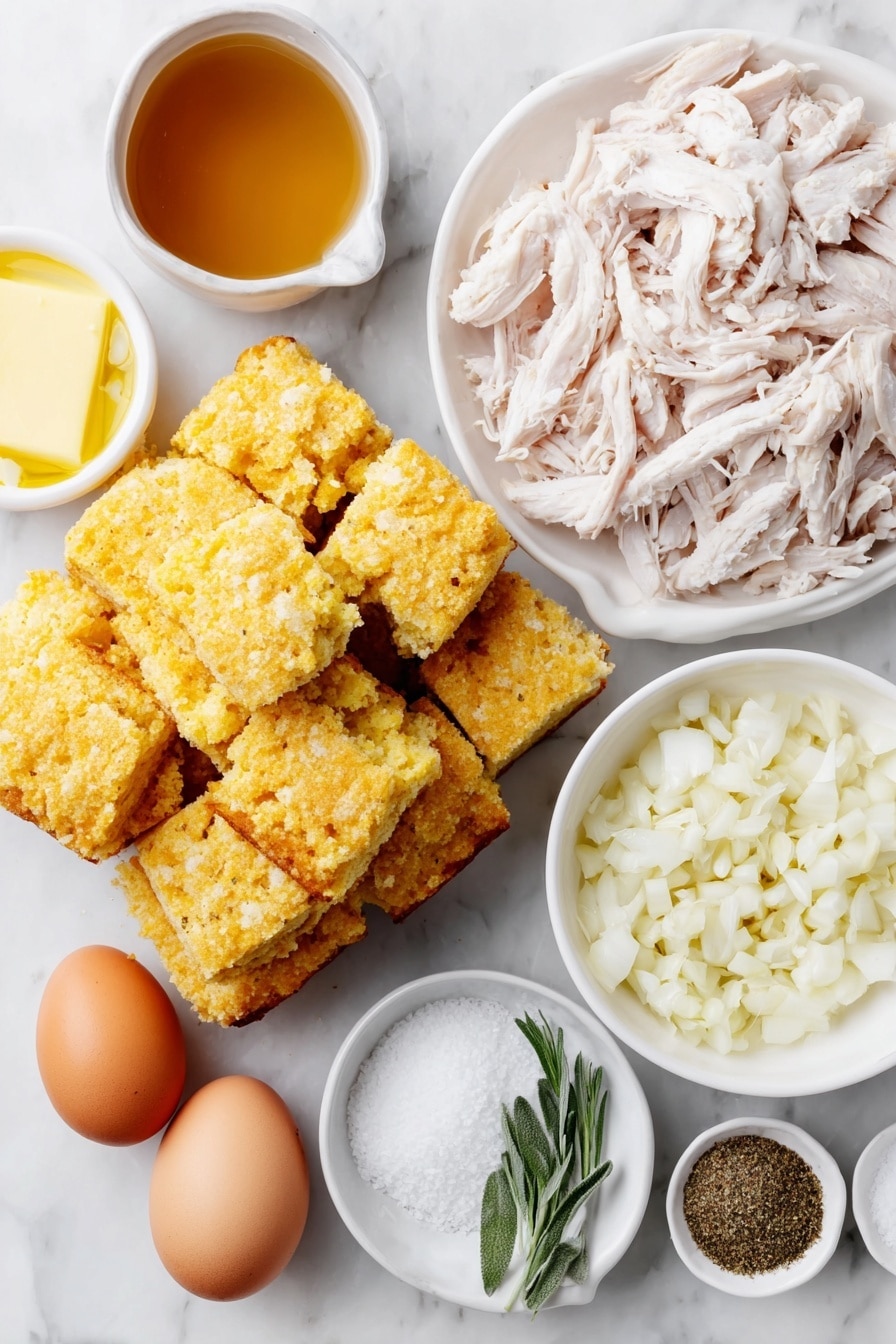 Flat lay of a crumbled mound of fresh golden cornbread pieces, a small pile of shredded white chicken meat, a few whole brown eggs with clean shells, a small white ceramic bowl of creamy chicken soup, a small white ceramic bowl filled with golden chicken broth, a small white ceramic bowl holding glossy melted butter, a small mound of finely chopped yellow onion, a few peeled garlic cloves beside minced garlic, a small heap of dried ground sage powder, a small pinch of coarse celery salt crystals, a tiny pile of poultry seasoning blend, a small pinch of coarse sea salt, and a small sprinkle of freshly ground black peppercorns, all arranged with perfect symmetry on a simple white ceramic plate and bowls, placed on a clean white marble surface, soft natural light, photo taken with an iPhone, professional food photography style, fresh ingredients, white ceramic bowls, no bottles, no duplicates, no utensils, no packaging --ar 2:3 --v 7 --p m7354615311229779997 - Easy Chicken Cornbread Dressing, chicken cornbread dressing, soulful dressing recipe, holiday chicken dressing, comforting cornbread casserole