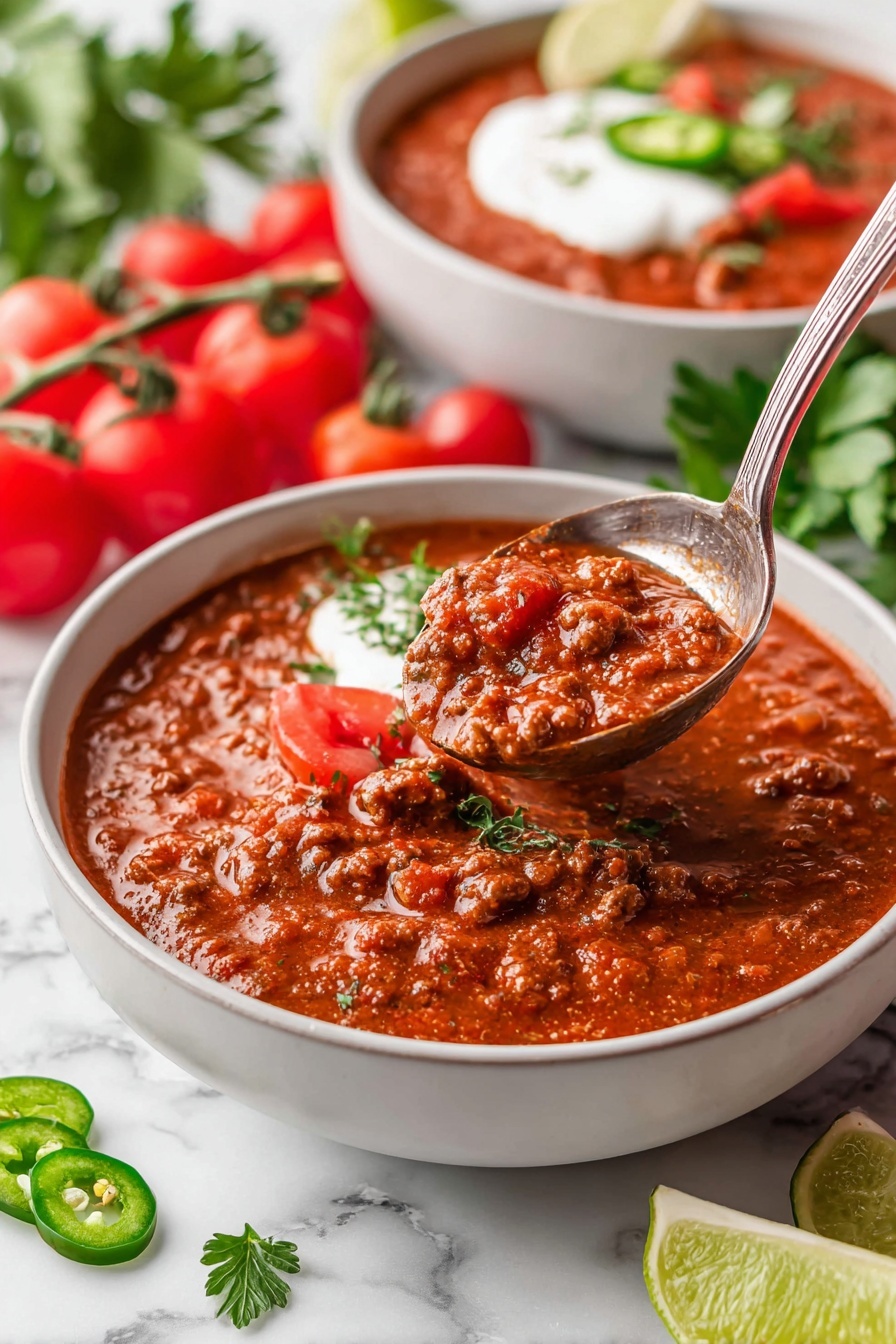 A close-up view of a thick, reddish-brown stew with visible ground meat chunks in a white bowl, with a silver ladle scooping some of the stew from the bowl. In the background, there is another white bowl filled with the same stew, topped with lime wedges and a dollop of white sauce, softly blurred. Surrounding the bowls are fresh red cherry tomatoes on the vine, green sliced jalapeño, fresh green parsley leaves, and a halved lime on a white marbled surface, adding a fresh touch to the warm, hearty dish. Photo taken with an iphone --ar 2:3 --v 7 - No Bean Chili with Ground Turkey and Beef, hearty meat chili recipe, bean-free chili, quick chili dinner recipe, flavorful ground meat chili