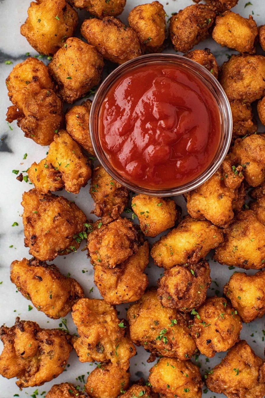 The image shows a tray with several golden-brown fried pieces, each piece having a rough, crunchy texture with some darker toasted spots. The fried pieces are irregular in shape and scattered on a gray tray, garnished lightly with small green herb pieces. On the top right corner, there is a small glass bowl filled with smooth, bright red sauce placed partially on the tray. The whole scene is set on a white marbled surface. photo taken with an iphone --ar 2:3 --v 7 - Crispy Homemade Popcorn Chicken, crispy chicken bites, homemade popcorn chicken recipe, crunchy chicken snack, easy popcorn chicken