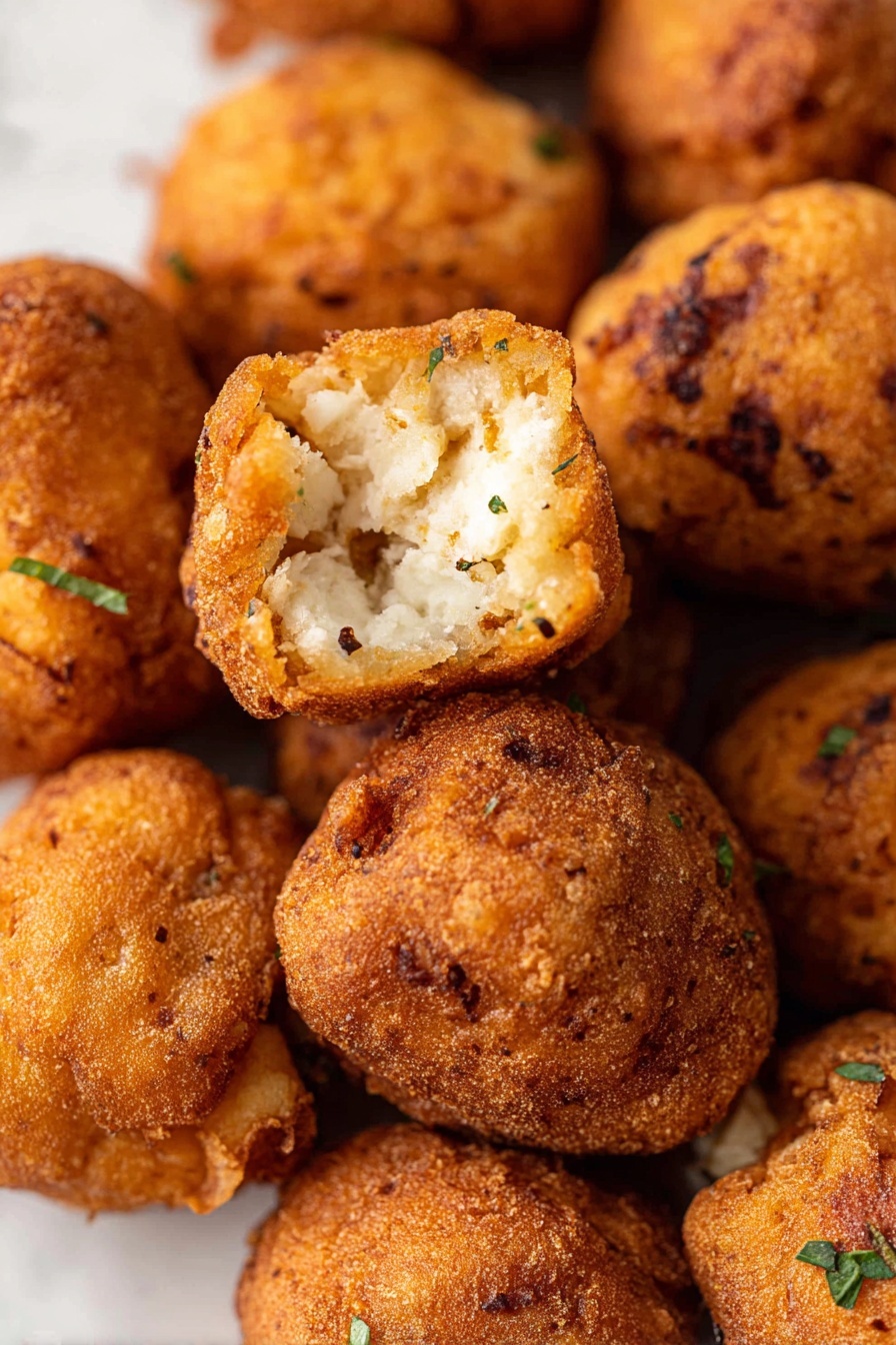 The image shows a close-up view of several small, golden-brown fried balls with a slightly crispy, uneven textured outer layer. The center ball is broken open to reveal a soft, white inside that looks dense and crumbly. The fried pieces rest together tightly, showing various shades of crispy brown with some darker spots from frying. The background is a white marbled surface. photo taken with an iphone --ar 2:3 --v 7 - Crispy Homemade Popcorn Chicken, crispy chicken bites, homemade popcorn chicken recipe, crunchy chicken snack, easy popcorn chicken