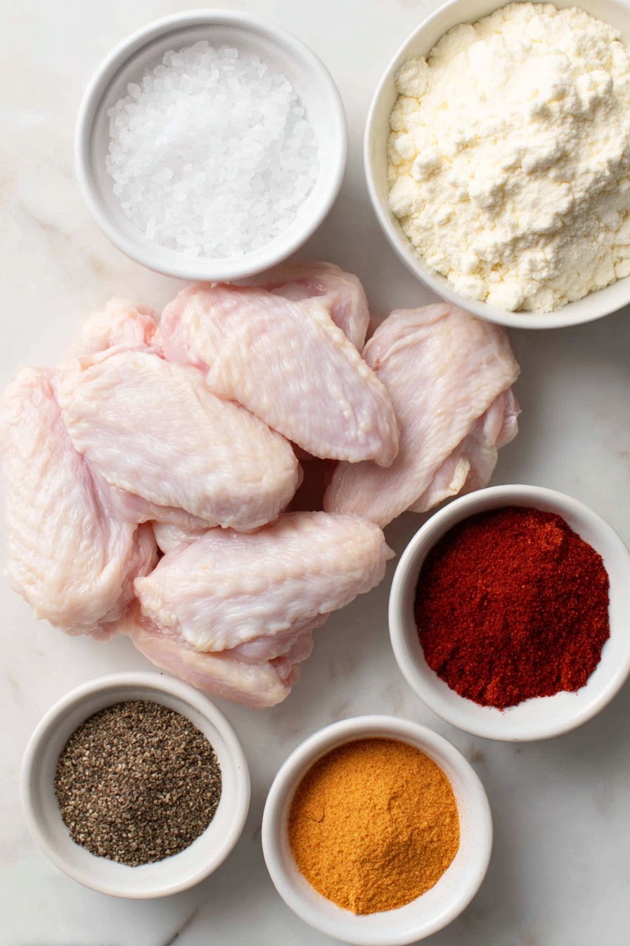 Flat lay of raw chicken wings with pale pink skin and white tips, a small white bowl of coarse kosher salt crystals, a small white bowl containing fine white baking powder, a small white bowl with vibrant orange-red chili powder, a small white bowl of light brown garlic powder, a small white bowl of pale beige onion powder, a small white bowl filled with dark black ground pepper, and a small white bowl with bright reddish-orange cayenne pepper all arranged symmetrically in perfect proportions, placed on a clean white marble surface, soft natural light, photo taken with an iPhone, professional food photography style, fresh ingredients, white ceramic bowls, no bottles, no duplicates, no utensils, no packaging --ar 2:3 --v 7 --p m7354615311229779997 - Smoked Chicken Wings, smoked chicken wings recipe, how to make smoked chicken wings, crispy smoked wings, easiest smoked wing recipe