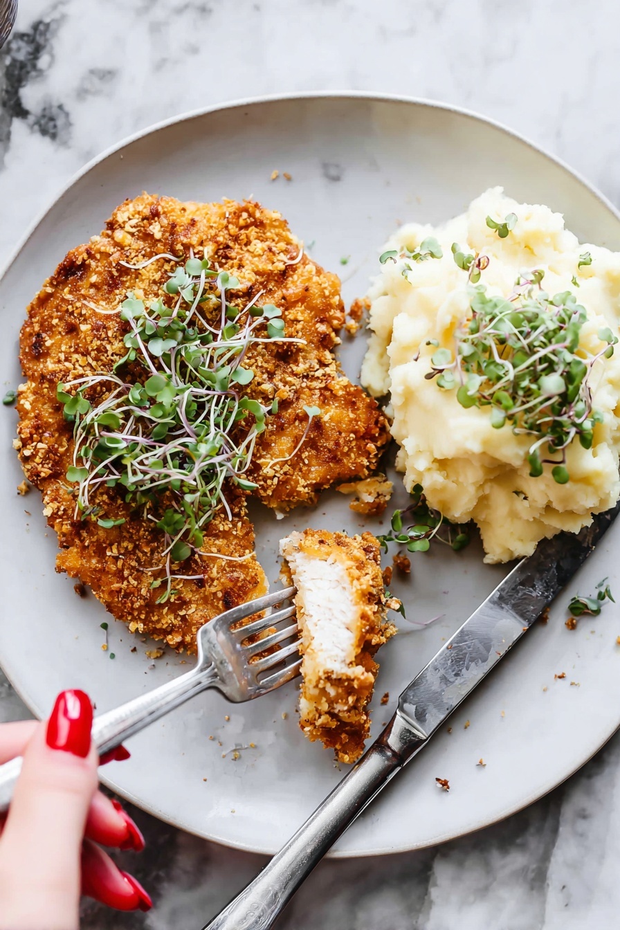On a white plate sits a crunchy, golden-brown fried chicken cutlet topped with small green microgreens scattered over it. To the right of the chicken is a fluffy mound of creamy mashed potatoes, also garnished with microgreens. A woman's hand with red nail polish holds a fork picking up a piece of the chicken, which reveals a white, tender inside beneath the crispy outside. A silver knife rests beside the chicken on the plate. The plate is placed on a white marbled surface. photo taken with an iphone --ar 2:3 --v 7 - Oven-Baked Breaded Chicken Breast, crispy baked chicken, healthy baked chicken recipes, baked chicken dinner ideas, easy oven chicken recipes