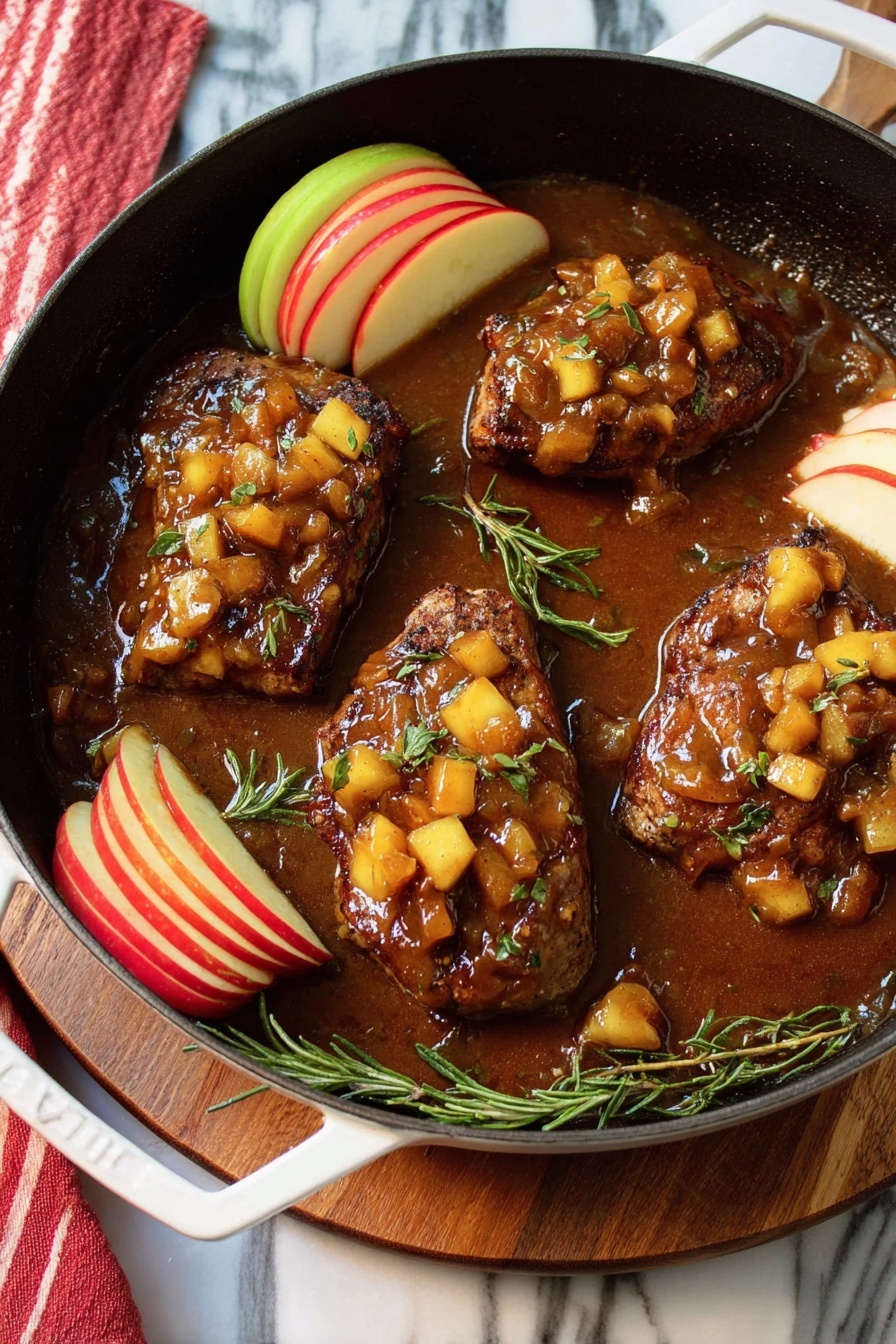 A white plate holds a meal with three parts on a white marbled surface. The main part is two cooked chicken pieces covered with a chunky brown apple sauce with visible apple pieces and herbs on top, sitting on a bed of creamy white mashed potatoes. To the right, there is a pile of roasted broccoli with some pieces showing slight charring. Behind the chicken, apple slices are arranged in a fan shape, alternating between green and red skin. In the background, there are whole red and green apples and a red and white striped cloth. Photo taken with an iphone --ar 2:3 --v 7 - One Pan Chicken with Apple Cider Sauce, easy chicken dinner recipes, skillet chicken recipes, comforting weeknight meals, apple cider chicken