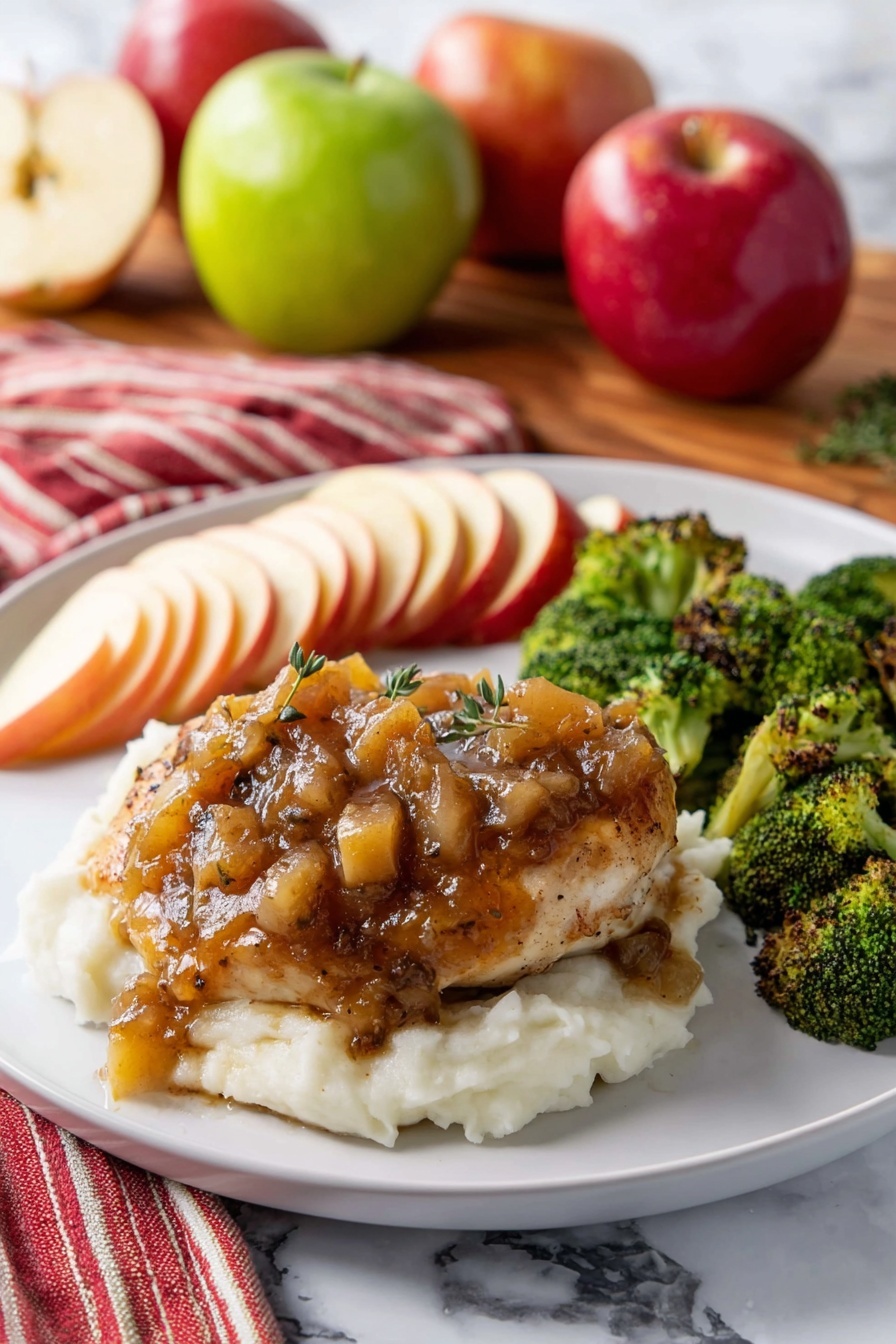 A dark pan holds four cooked pieces of meat topped with a thick, glossy brown sauce mixed with small diced yellowish fruit pieces. Two sprigs of fresh green herbs are placed at the edges of the pan. There are thin slices of red and green apples laid on opposite sides of the meat. The pan sits on a round wooden trivet, all placed on a white marbled surface, with a red and white striped cloth partly visible on the left side. photo taken with an iphone --ar 2:3 --v 7 - One Pan Chicken with Apple Cider Sauce, easy chicken dinner recipes, skillet chicken recipes, comforting weeknight meals, apple cider chicken
