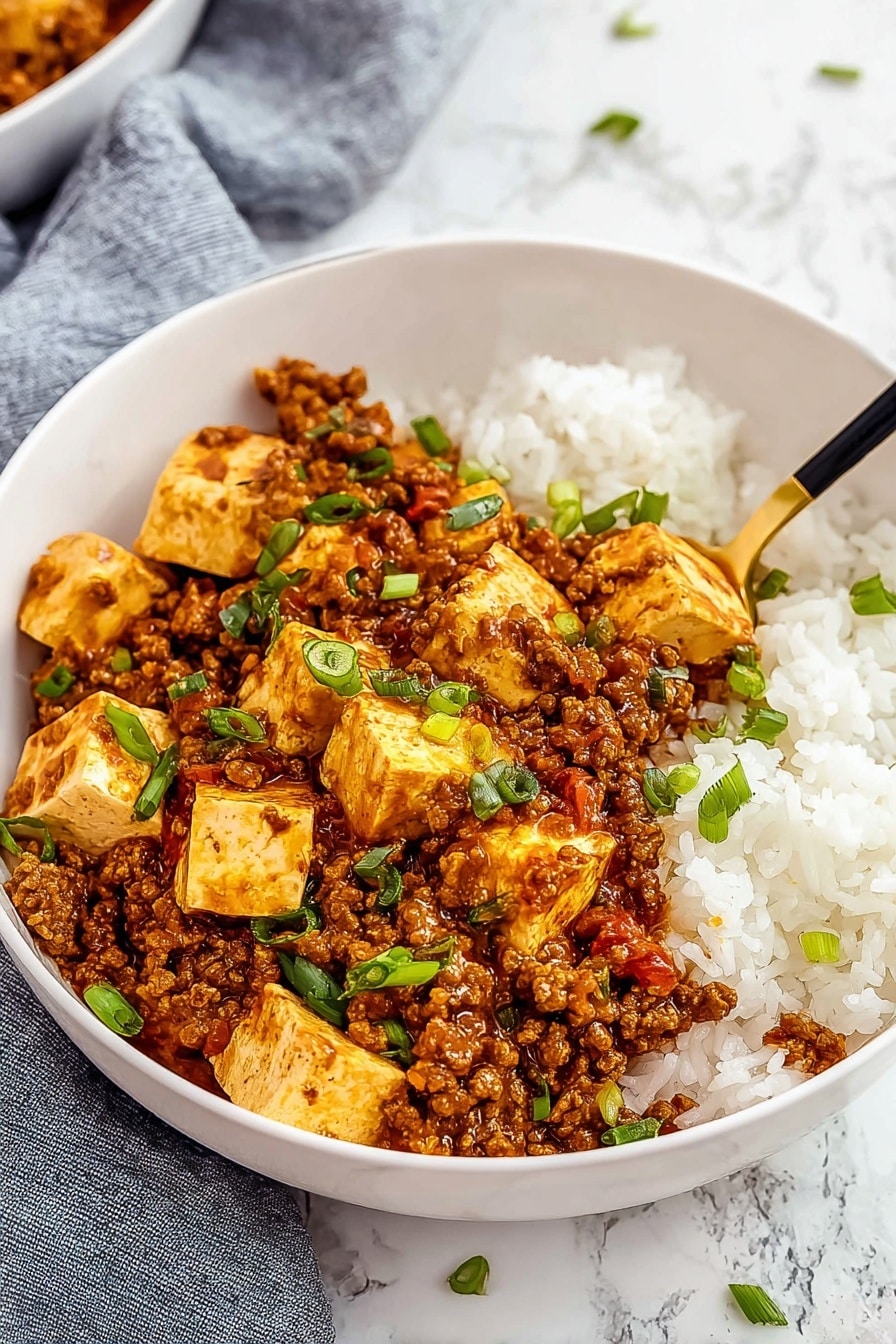 A white bowl filled with a spicy looking dish with large soft tofu cubes mixed with crumbled browned meat in a reddish oily sauce, garnished with small green onion slices scattered on top. A silver spoon inside the bowl scoops some tofu and meat, the white marbled surface under the bowl has green onion pieces around it. photo taken with an iphone --ar 2:3 --v 7 - Mapo Tofu, Mapo Tofu recipe, spicy Chinese tofu, Chinese spicy tofu dish, Szechuan Mapo Tofu