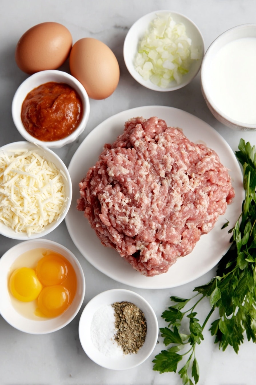 Flat lay of fresh ground beef and ground pork portions, a small mound of Italian breadcrumbs on white ceramic plate, a small white bowl of grated Parmesan cheese, a small white bowl with finely chopped small onion, a small white bowl with minced garlic cloves, two large whole uncracked brown eggs, a small white bowl filled with milk, a small white bowl containing vibrant red marinara sauce, a small white bowl with mixed Italian seasoning herbs, a white ceramic dish holding salt and pepper grains, a small white bowl with shredded mozzarella cheese, and a few sprigs of bright green fresh parsley placed on a clean white marble surface, soft natural light, photo taken with an iPhone, professional food photography style, fresh ingredients, white ceramic bowls, no bottles, no duplicates, no utensils, no packaging --ar 2:3 --v 7 --p m7354615311229779997 - Italian Meatloaf with Marinara and Mozzarella, Italian meatloaf recipes, cheesy Italian meatloaf, easy Italian dinner ideas, juicy meatloaf with marinara