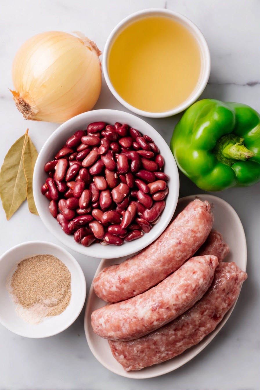 Flat lay of dried small red beans in a simple white ceramic bowl, a whole yellow onion, a whole green bell pepper, a single celery rib, sliced Polska kiełbasa sausage arranged neatly on a white ceramic plate, a small white bowl of chicken broth, a small white bowl of water, a small white bowl containing a mix of onion powder, garlic powder, and creole seasoning, and two dried bay leaves placed symmetrically on a white ceramic dish, all ingredients fresh and natural, perfectly balanced layout, placed on a clean white marble surface, soft natural light, photo taken with an iPhone, professional food photography style, fresh ingredients, white ceramic bowls, no bottles, no duplicates, no utensils, no packaging --ar 2:3 --v 7 --p m7354615311229779997 - Slow Cooker Red Beans and Rice, Easy Red Beans and Rice, Cajun Red Beans and Rice, Comfort Food Recipes, Make-Ahead Dinner Ideas