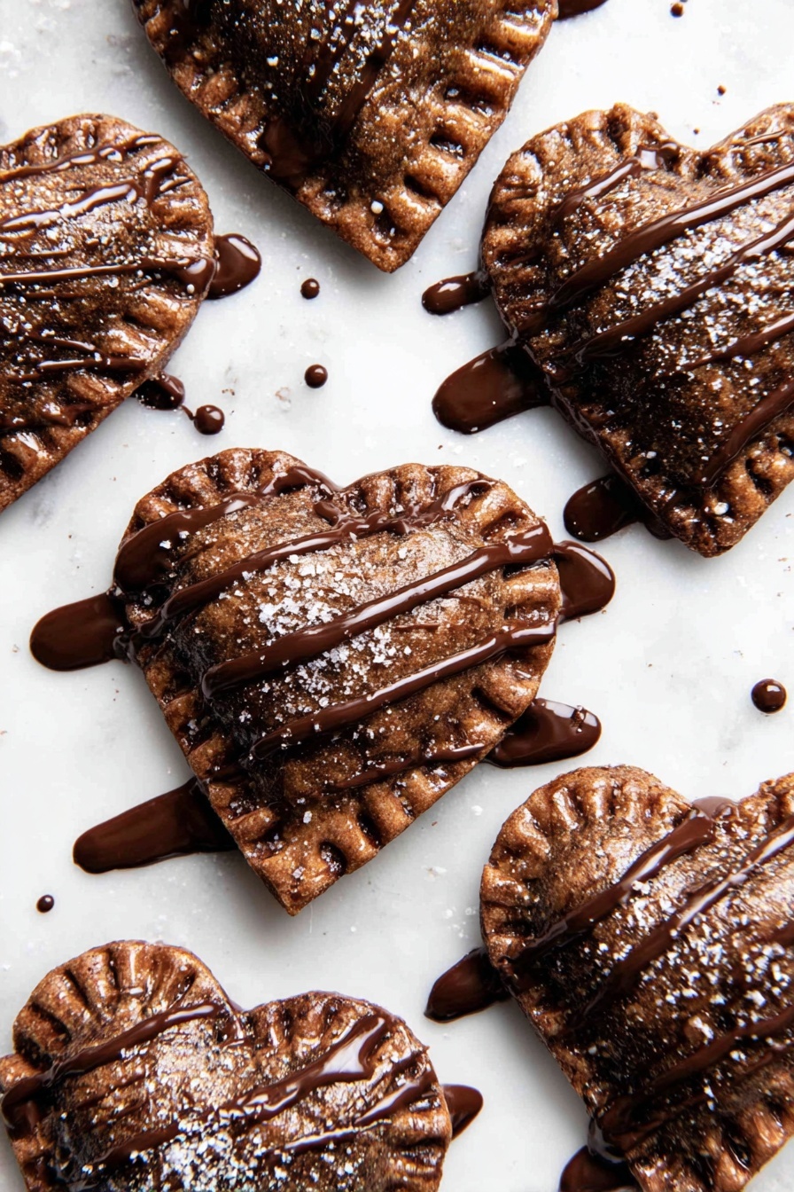 A white plate filled with several heart-shaped chocolate pastries stacked on each other, each pastry has a dark brown color with a rough but shiny texture, topped with coarse sugar crystals that sparkle, and drizzled with smooth, glossy chocolate lines across the top in thin, uneven stripes, all placed on a white marbled surface photo taken with an iphone --ar 2:3 --v 7 - Chocolate Hand Pies, chocolate hand pies recipe, easy chocolate hand pies, homemade chocolate pies, choco-filled hand pies