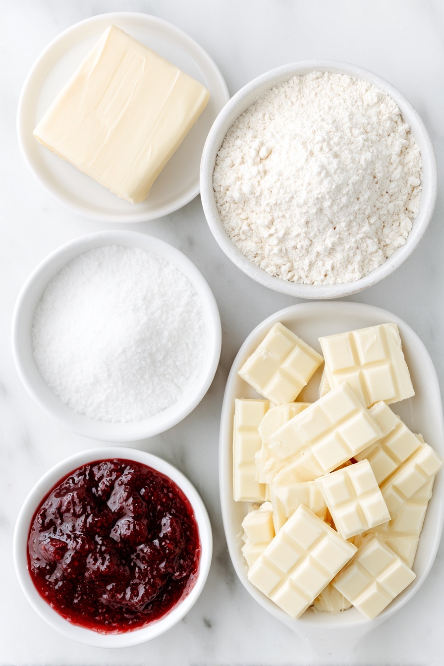 Flat lay of a small square of pale yellow softened butter on white ceramic plate, a small white ceramic bowl filled with fine white confectioners' sugar, a single vanilla bean pod beside a teaspoon of pure vanilla extract in a small white ceramic bowl, a tiny pile of coarse sea salt crystals, a mound of all-purpose flour on a white ceramic plate, small white ceramic bowl with glossy deep red raspberry jam, roughly chopped irregular chunks of creamy white chocolate on a white ceramic dish placed symmetrically, all ingredients arranged with perfect balance and symmetry, placed on a clean white marble surface, soft natural light, photo taken with an iPhone, professional food photography style, fresh ingredients, white ceramic bowls, no bottles, no duplicates, no utensils, no packaging --ar 2:3 --v 7 --p m7354615311229779997 - Raspberry White Chocolate Shortbread Cookies, raspberry shortbread cookies, white chocolate shortbread, easy raspberry cookies, holiday shortbread recipes