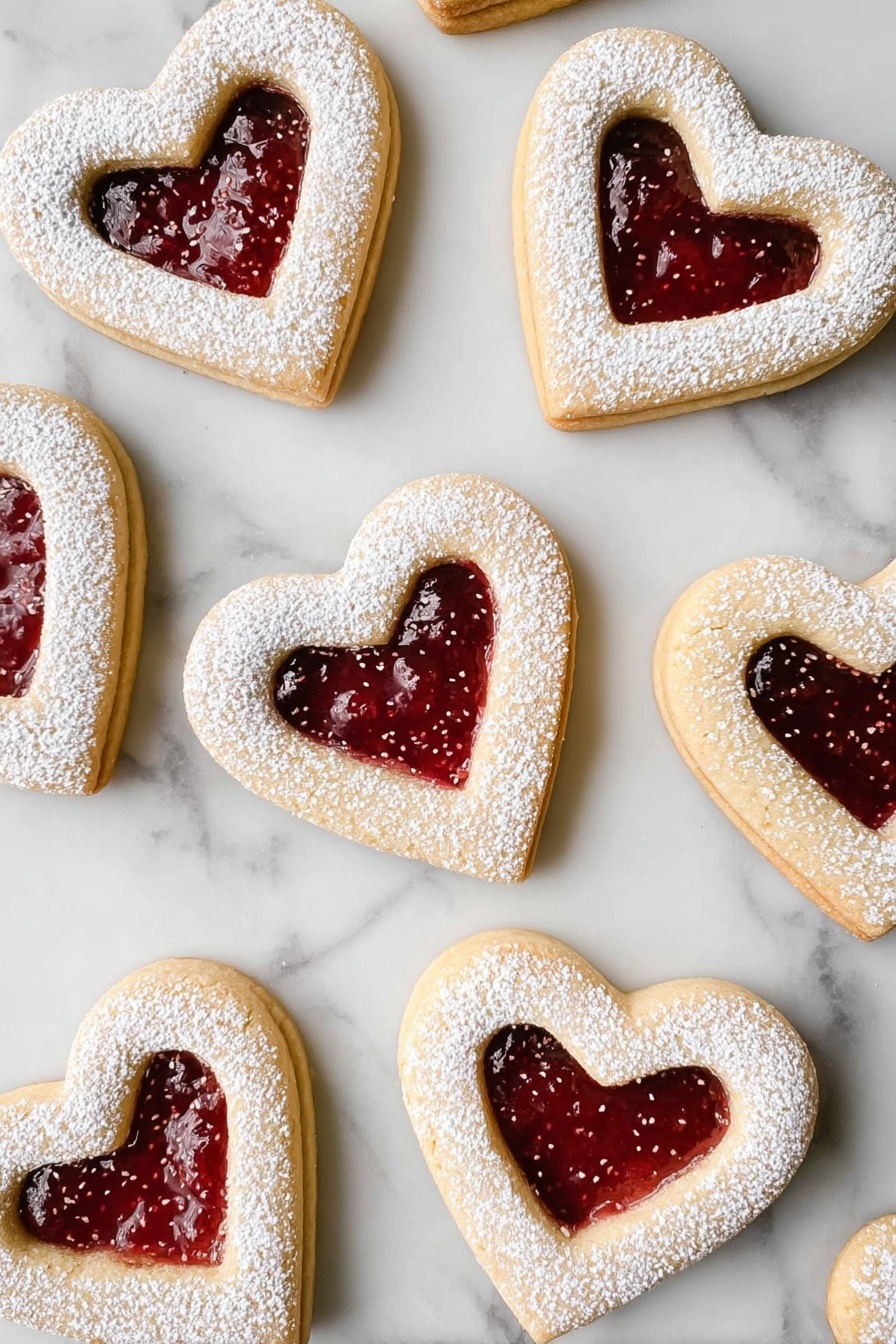 A close-up view of heart-shaped cookies stacked in two layers on a white marbled surface, with the bottom layer being a solid golden brown cookie and the top layer a matching heart-shaped cookie with a smaller heart cutout in the center, dusted lightly with white powdered sugar. Between the two cookie layers, a filling of dark red jam is visible, peeking through the heart cutout and sides. The background shows more similar cookies softly focused and spread out. photo taken with an iphone --ar 2:3 --v 7 - Raspberry White Chocolate Shortbread Cookies, raspberry shortbread cookies, white chocolate shortbread, easy raspberry cookies, holiday shortbread recipes