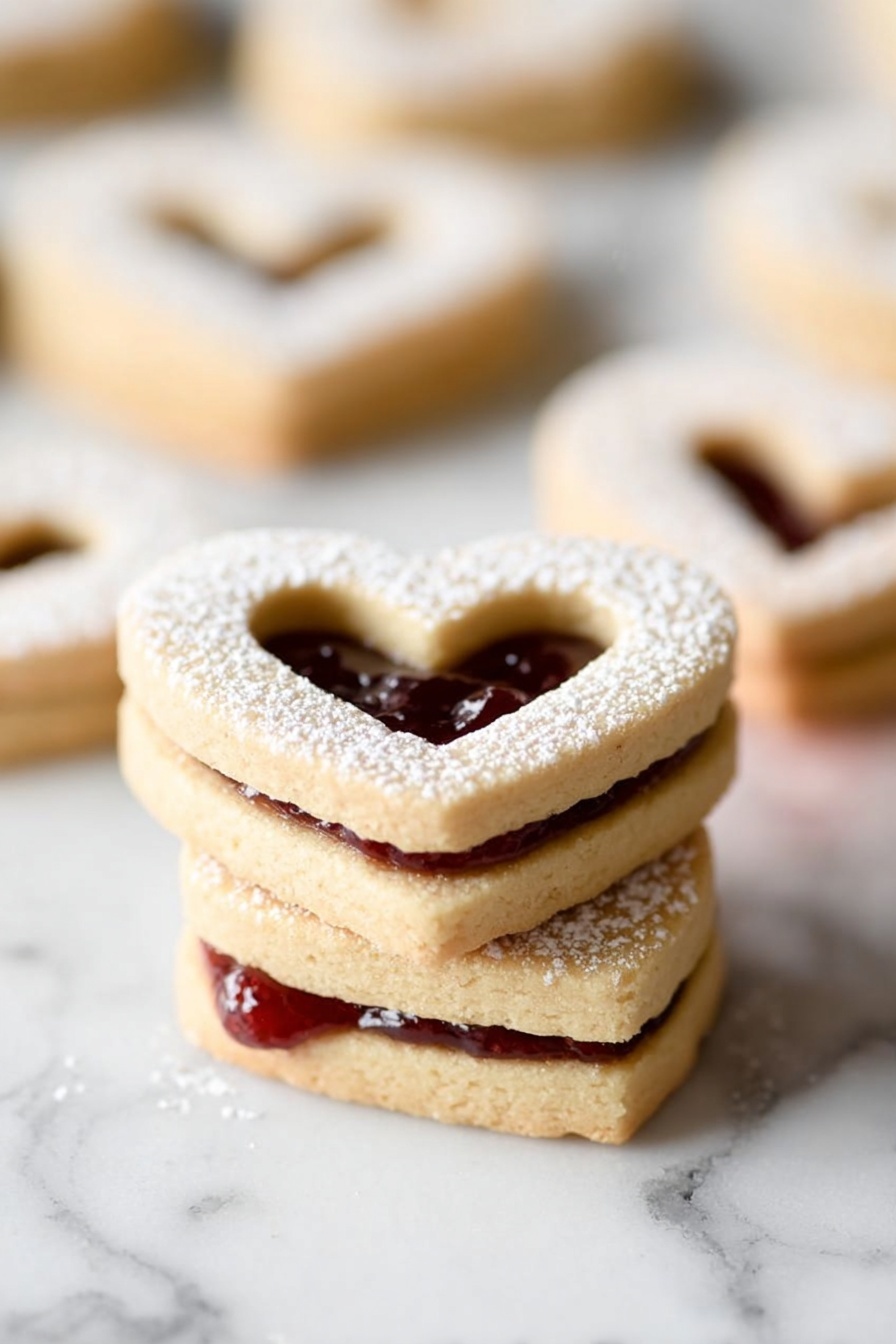 The image shows several heart-shaped sandwich cookies layered with two soft, light beige cookie pieces. The top cookie has a small heart-shaped cutout in the center filled with dark red jam that looks shiny and slightly chunky. The top surface of each cookie is covered with a fine layer of white powdered sugar, giving it a soft, snowy look. The cookies are placed on a white marbled surface with a smooth, cool texture. photo taken with an iphone --ar 2:3 --v 7 - Raspberry White Chocolate Shortbread Cookies, raspberry shortbread cookies, white chocolate shortbread, easy raspberry cookies, holiday shortbread recipes