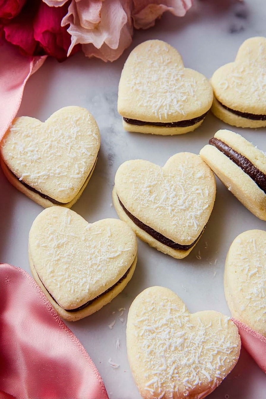 The image shows heart-shaped sandwich cookies on a white marbled surface. Each cookie has two pale yellow, smooth-textured cookie layers with a flat and slightly crumbly look. Inside, there is a middle layer of dark brown filling that appears soft and creamy, edged with small white sprinkles that look like shredded coconut. The cookies are scattered casually, some standing upright showing the side view of the sandwich, while others lie flat. Pink and red silky fabric pieces are draped around the cookies, adding a soft contrast to the white marbled background. photo taken with an iphone --ar 2:3 --v 7 - Heart Sandwich Cookies with Dulce de Leche, delicious sandwich cookies, dulce de leche cookies, charming cookie recipes, sweet caramel sandwich cookies