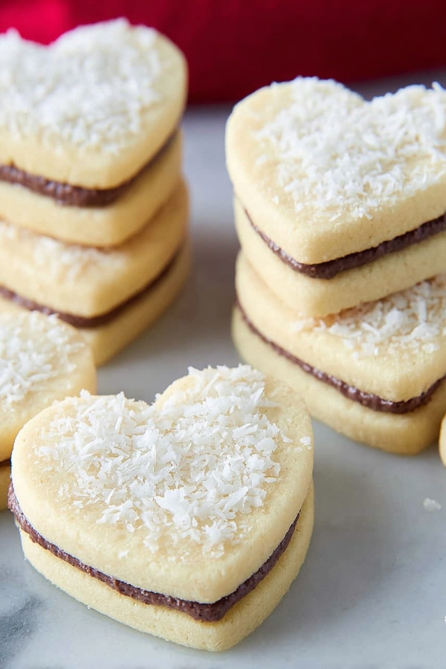 A stack of heart-shaped cookies is shown on a white marbled surface. Each cookie has two light yellow layers with a smooth texture, and between them is a thin layer of chocolate covered in white shredded coconut. Several more cookies are scattered in the background, and a red cloth is draped softly out of focus. The cookies look soft and slightly crumbly, with a simple but inviting appearance. Photo taken with an iphone --ar 2:3 --v 7 - Heart Sandwich Cookies with Dulce de Leche, delicious sandwich cookies, dulce de leche cookies, charming cookie recipes, sweet caramel sandwich cookies
