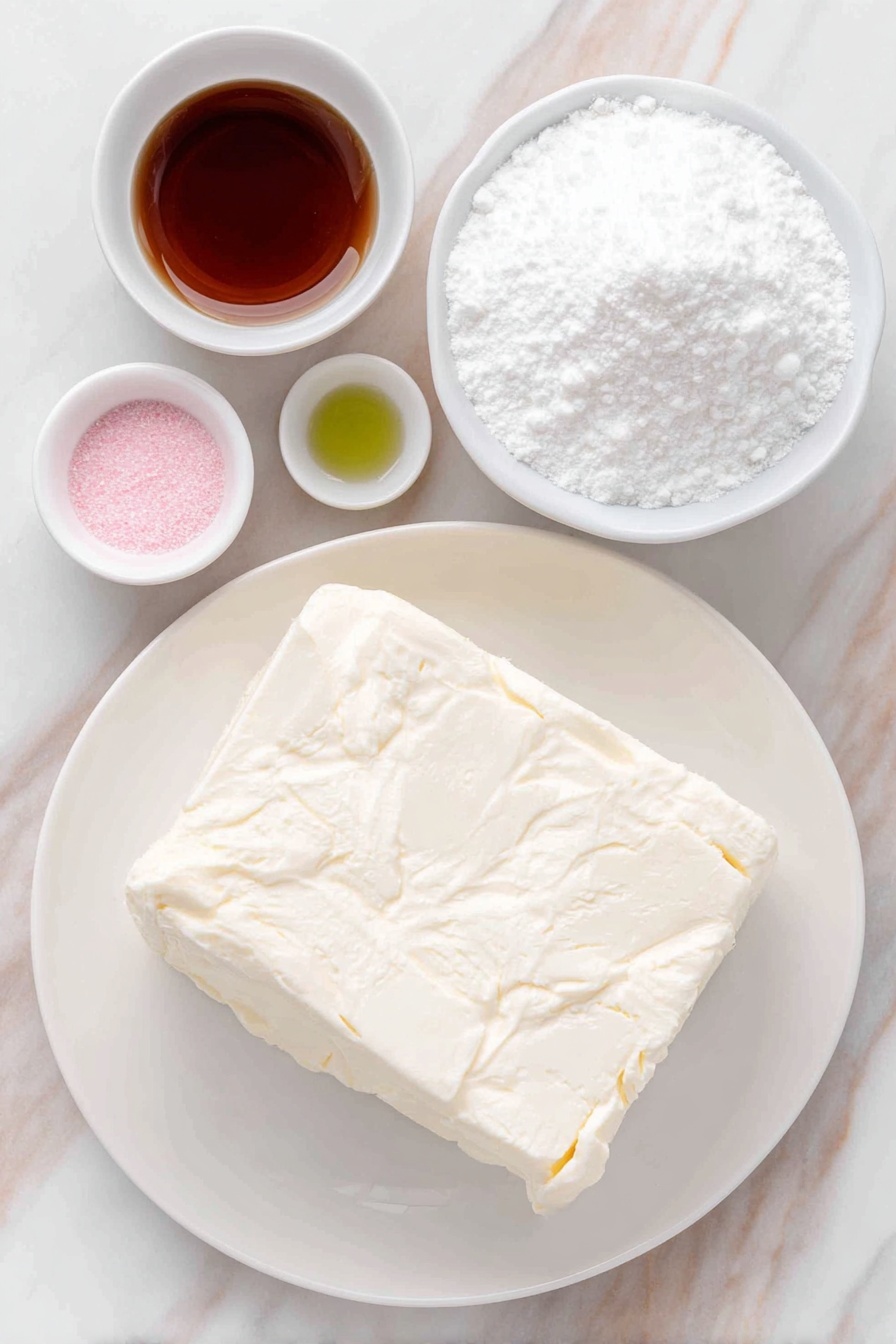 Flat lay of a small block of fresh cream cheese, a quarter cup of unsalted butter on a simple white ceramic plate, a small white bowl filled with fine confectioners’ sugar, a tiny white bowl holding clear peppermint extract, and a few drops of vibrant pastel pink, green, and yellow food coloring resting nearby, all arranged with perfect symmetry and balanced proportions on a clean white marble surface, soft natural light, photo taken with an iPhone, professional food photography style, fresh ingredients, white ceramic bowls, no bottles, no duplicates, no utensils, no packaging --ar 2:3 --v 7 --p m7354615311229779997 - Cream Cheese Mints, Cream Cheese Mints Recipe, Homemade Mint Candies, Easy Mint Candy, No-Bake Mint Treats