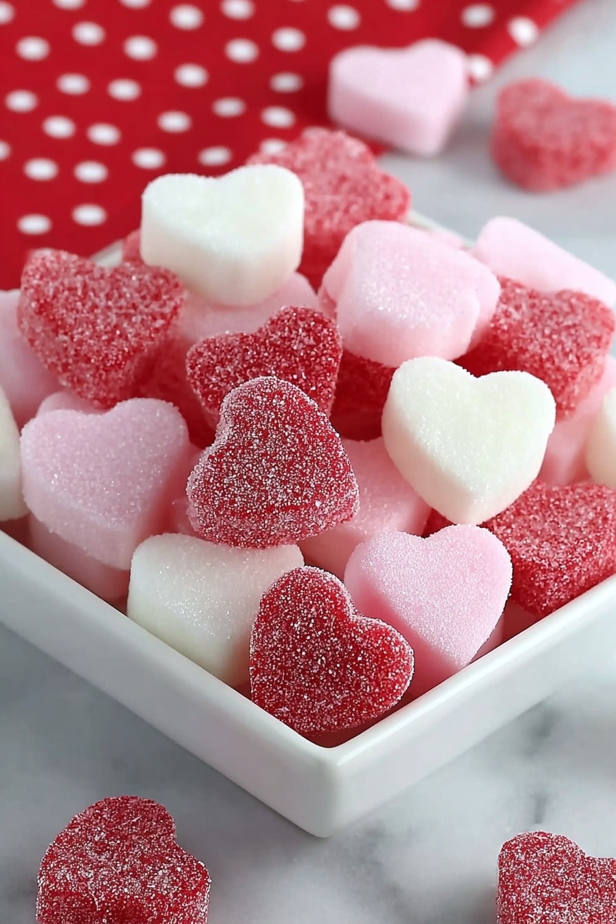 The image shows many heart-shaped candies piled together, with three colors: red, pink, and white. Each candy has a sugar-coated texture that makes it sparkle. The candies are closely packed, creating a mix of colors where red hearts are the most common, pink hearts are in the middle, and white hearts appear throughout. The surface looks smooth but covered with sugar grains, adding a slightly rough look. photo taken with an iphone --ar 2:3 --v 7 - Cream Cheese Mints, Cream Cheese Mints Recipe, Homemade Mint Candies, Easy Mint Candy, No-Bake Mint Treats