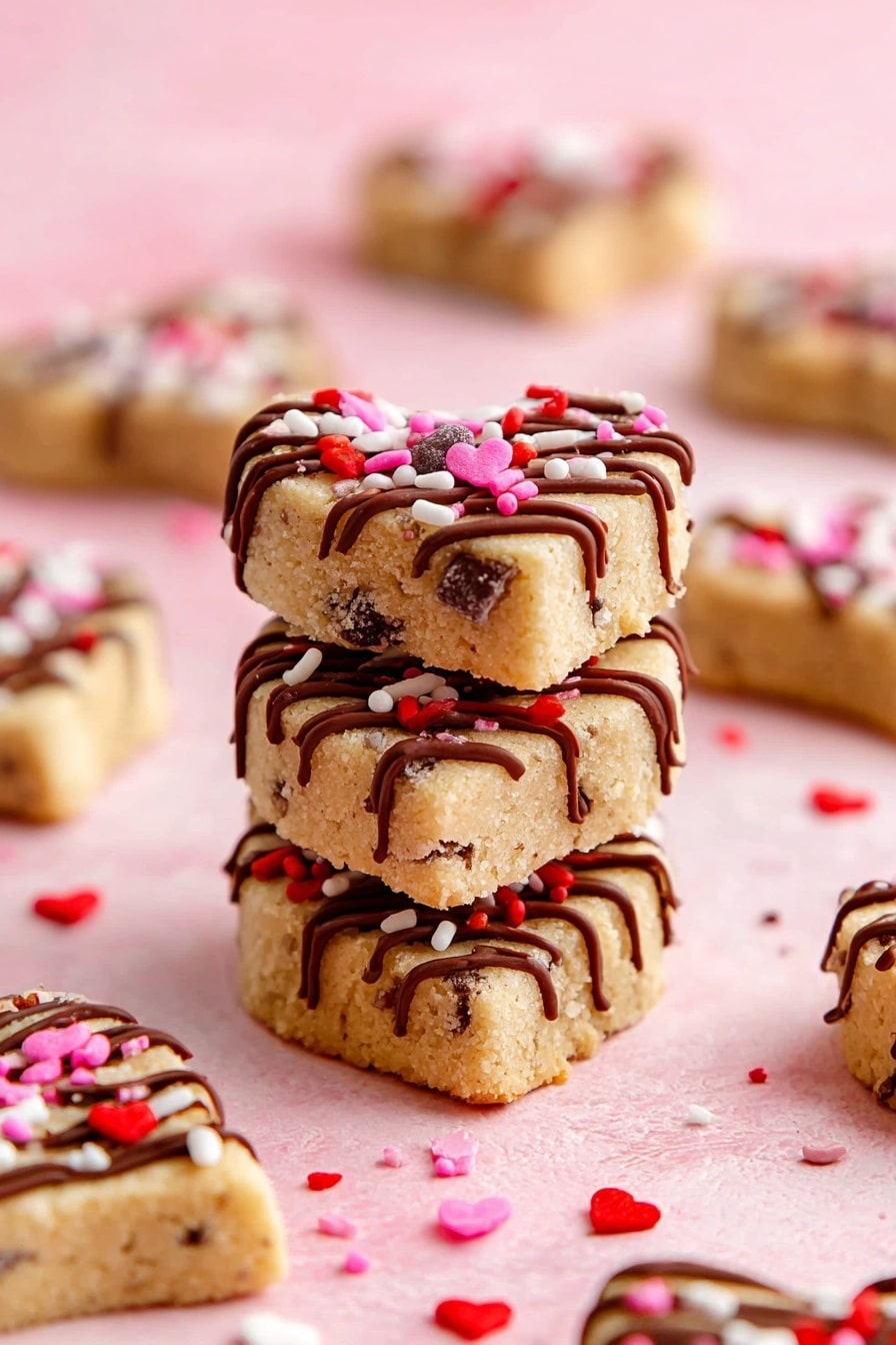 A stack of three heart-shaped cookies is placed in the center on a soft pink background with a white marbled texture. Each cookie has a golden-brown color and a crumbly texture with small dark spots inside, likely from chocolate chips. The top cookie is decorated with chocolate drizzle in zigzag lines and adorned with pink, red, white, and heart-shaped sprinkles. Around the stack, there are more heart-shaped cookies decorated similarly, some in soft focus. Small scattered sprinkles lie on the background, adding more color and texture to the scene. Photo taken with an iphone --ar 2:3 --v 7 - Vegan Cookie Dough Hearts, healthy vegan cookie dough, gluten-free cookie dough treats, easy vegan desserts, vegan sweet snacks