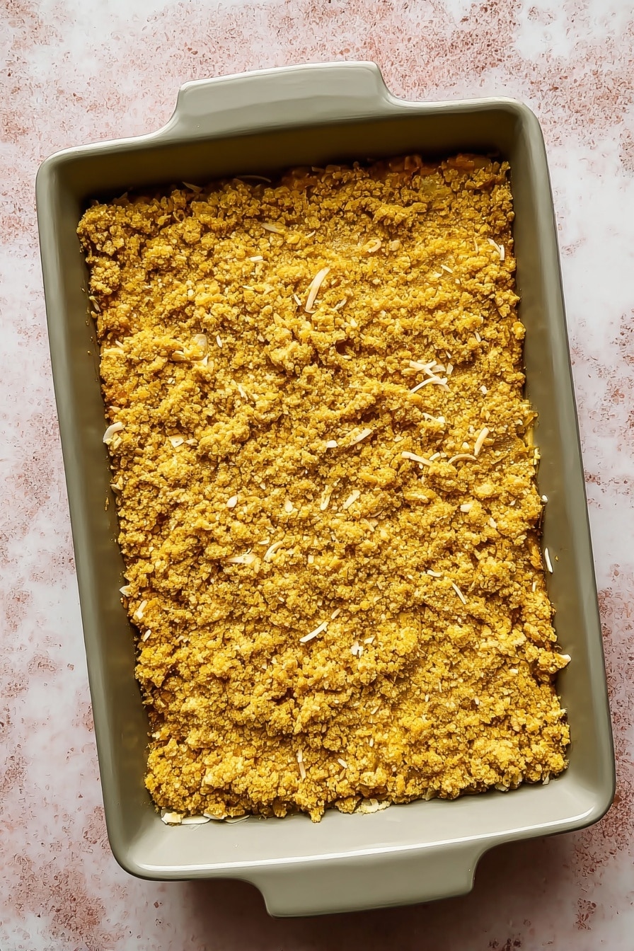 This image shows a white rectangular baking dish filled with a golden-yellow crumbly baked dish, sprinkled with small green herb bits. The top layer has a coarse texture with small, uneven pieces and some lightly browned spots. A gold serving spoon with a wooden beaded handle is scooping into the dish, revealing a soft, slightly moist interior with shredded white pieces mixed in. The dish sits on a white marbled surface. Photo taken with an iphone --ar 2:3 --v 7 - Easy Chicken Cornbread Dressing, chicken cornbread dressing, soulful dressing recipe, holiday chicken dressing, comforting cornbread casserole
