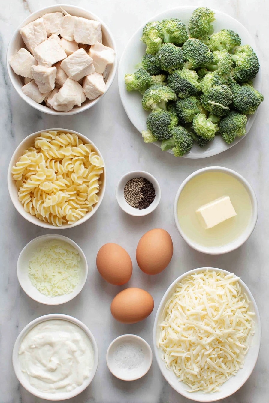 Flat lay of a small pile of cubed rotisserie chicken, fresh green broccoli florets, uncooked fusilli pasta, two whole uncracked brown eggs, a tablespoon of finely chopped fresh parsley, a small white ceramic bowl with minced garlic cloves, a pat of butter on a simple white plate, a small white bowl filled with chicken broth, another small white bowl with whole milk, a small white bowl containing cornstarch powder, a pinch of smoked paprika sprinkled beside a few black peppercorns, a neat heap of freshly grated Parmesan cheese, a small white bowl holding creamy Greek yogurt, and a small white bowl with shredded mozzarella cheese all arranged with perfect symmetry and balanced proportions, placed on a clean white marble surface, soft natural light, photo taken with an iPhone, professional food photography style, fresh ingredients, white ceramic bowls, no bottles, no duplicates, no utensils, no packaging --ar 2:3 --v 7 --p m7354615311229779997 - Baked Chicken Alfredo Pasta, Chicken Alfredo Pasta, Creamy Baked Pasta, Easy Alfredo Pasta Bake, Chicken and Broccoli Pasta
