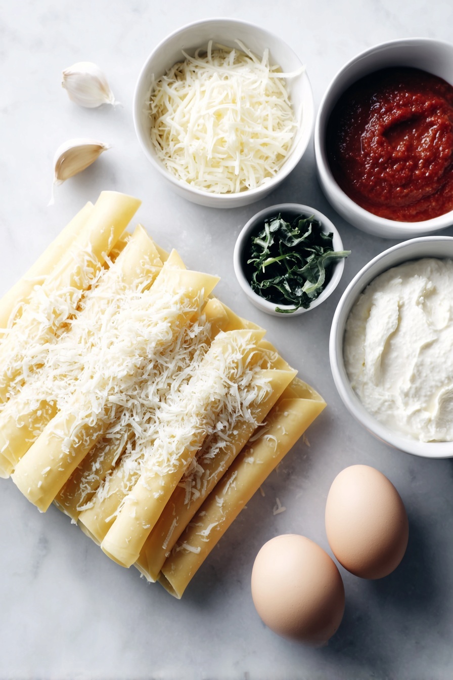 Flat lay of a bundle of uncooked manicotti pasta tubes, a small white ceramic bowl of chopped frozen spinach thawed and drained, a small white ceramic bowl filled with creamy ricotta cheese, a small white ceramic bowl heaping with shredded whole milk mozzarella cheese, a small white ceramic bowl with finely grated Parmesan cheese, one large whole brown egg with clean shell, three peeled garlic cloves, a small white ceramic bowl of bright red marinara sauce, and a few thinly sliced fresh basil leaves, all arranged in perfect symmetry on a clean white marble surface, soft natural light, photo taken with an iPhone, professional food photography style, fresh ingredients, white ceramic bowls, no bottles, no duplicates, no utensils, no packaging --ar 2:3 --v 7 --p m7354615311229779997 - Cheesy Spinach Manicotti Bake, spinach stuffed pasta bake, cheesy Italian casserole, easy spinach manicotti, family-friendly cheese pasta