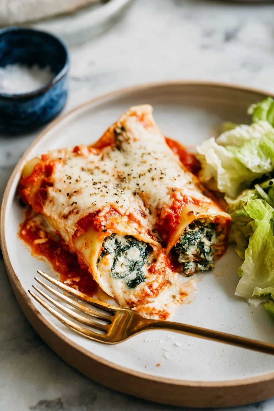 A white baking dish filled with six rolled pasta pieces layered with bright red tomato sauce and melted white cheese sprinkled with green herbs; the pasta looks soft and slightly browned in some areas, showing texture on the edges and folds. A metal spatula lifts one rolled pasta showing a bit of the saucy inside and melted cheese on top. The dish is placed on a white marbled surface. Photo taken with an iphone --ar 2:3 --v 7 - Cheesy Spinach Manicotti Bake, spinach stuffed pasta bake, cheesy Italian casserole, easy spinach manicotti, family-friendly cheese pasta