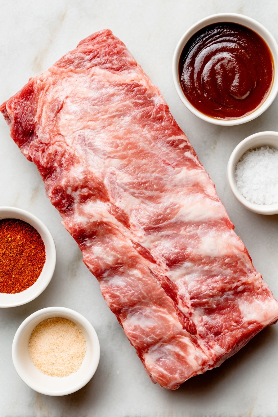 Flat lay of one rack of fresh raw beef back ribs, a small white ceramic bowl filled with bright red smoked paprika powder, a small white ceramic bowl with fine reddish-orange cayenne powder, a small white ceramic bowl containing pale beige garlic powder, a small white ceramic bowl with light brown onion powder, a small white ceramic bowl of coarse white kosher salt crystals, a small white ceramic bowl holding thick dark reddish-brown BBQ sauce, all arranged symmetrically and balanced around the ribs, placed on a clean white marble surface, soft natural light, photo taken with an iPhone, professional food photography style, fresh ingredients, white ceramic bowls, no bottles, no duplicates, no utensils, no packaging --ar 2:3 --v 7 --p m7354615311229779997 - Oven-Baked Beef Back Ribs, beef back ribs, baked ribs, tender beef ribs, easy rib recipe