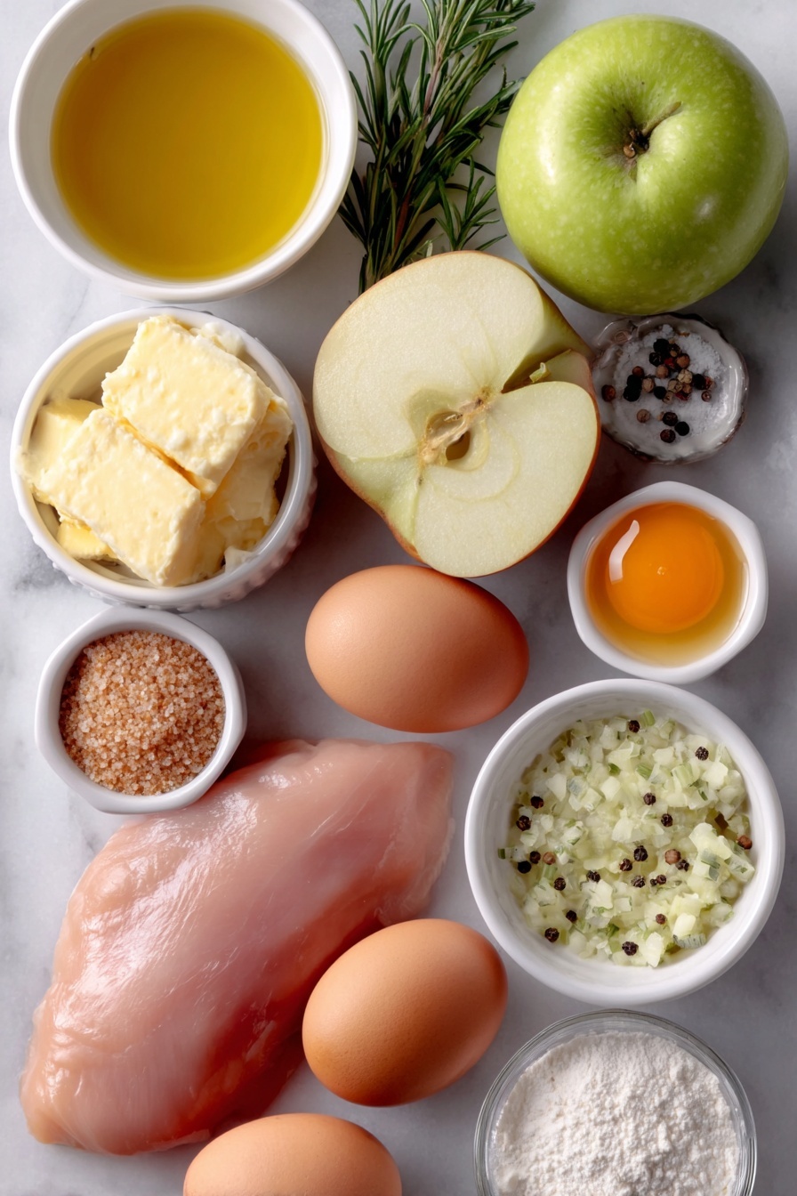 Flat lay of boneless, skinless chicken breasts, whole uncracked brown eggs with clean shells, a peeled and diced Granny Smith apple, a small mound of minced shallot, fresh chopped rosemary sprigs, a small white ceramic bowl of golden olive oil, a small white ceramic bowl of melted butter, a small white ceramic bowl filled with amber apple cider, a small white ceramic bowl of smooth Dijon mustard, a small white ceramic bowl of light brown granulated brown sugar, a small white ceramic bowl with clear cold water, a small white ceramic bowl containing fine white cornstarch, coarse salt and whole black peppercorns on a small white ceramic dish, all arranged with perfect symmetry and balanced proportions, placed on a clean white marble surface, soft natural light, photo taken with an iPhone, professional food photography style, fresh ingredients, white ceramic bowls, no bottles, no duplicates, no utensils, no packaging --ar 2:3 --v 7 --p m7354615311229779997 - One Pan Chicken with Apple Cider Sauce, easy chicken dinner recipes, skillet chicken recipes, comforting weeknight meals, apple cider chicken