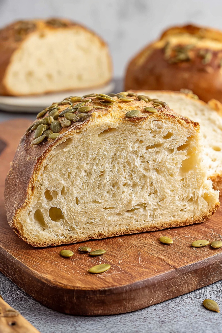 The image shows a large slice of round bread with a golden brown crust topped with green pumpkin seeds. The bread has one thick layer with a soft, light tan inside that looks fluffy and airy with small holes. The crust is firm and cracked slightly on top, with pumpkin seeds scattered on the wooden board around it. In the background, there are two additional pieces of the same bread, one cut and the other in a white marbled surface setting. Photo taken with an iphone --ar 2:3 --v 7 - No Knead Potato Bread, easy no knead bread recipe, homemade potato bread, fluffy bread with potatoes, beginner bread baking recipe