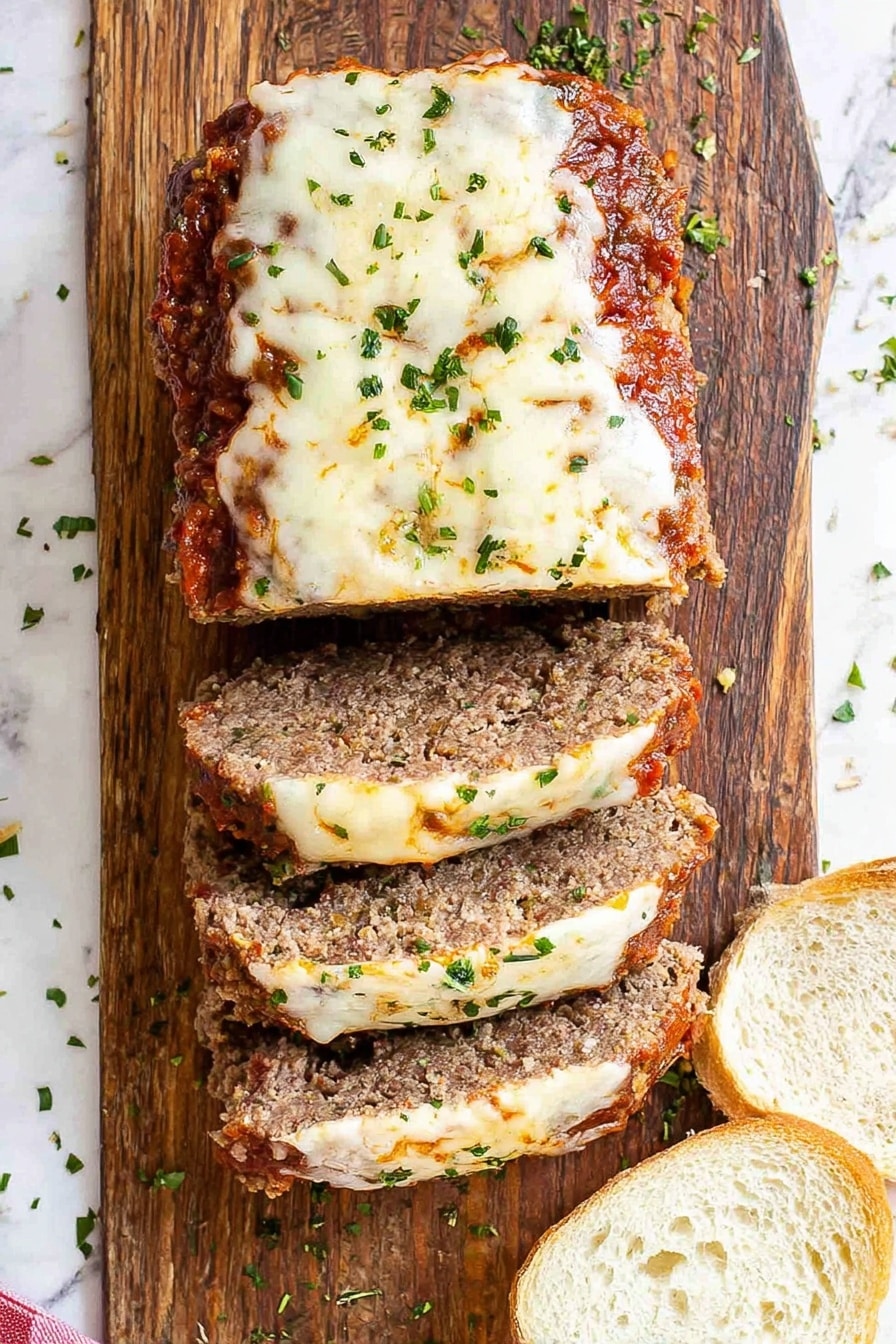 Two thick slices of brown meatloaf with a textured, slightly crumbly surface sit on the bottom right side of a white plate, sprinkled with green herbs. Next to the meatloaf, mashed potatoes take up the top left area of the plate, creamy and smooth with gentle ridges and garnished lightly with green herbs and black pepper. A gold fork rests on the right edge of the plate on a white marbled surface. The overall look is warm and hearty, with contrasting textures and colors that stand out clearly. Photo taken with an iphone --ar 2:3 --v 7 - Italian Meatloaf with Marinara and Mozzarella, Italian meatloaf recipes, cheesy Italian meatloaf, easy Italian dinner ideas, juicy meatloaf with marinara