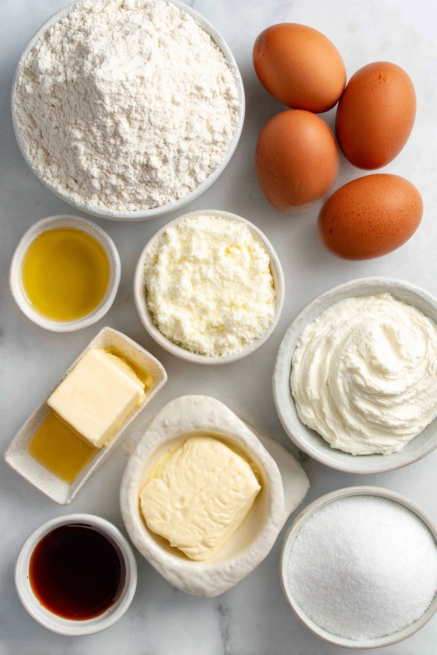 Flat lay of a small mound of all-purpose flour, a small heap of granulated sugar, a teaspoon of baking soda, a teaspoon of baking powder, a pinch of kosher salt arranged neatly, a small white ceramic bowl filled with pale buttermilk, three large whole brown eggs with clean shells, a small white bowl of golden vegetable oil, a small white bowl of clear white vinegar, a small white bowl holding amber pure vanilla extract, a small white bowl with vibrant pink gel food coloring, an unwrapped brick of cream cheese with a smooth surface, a small white bowl of slightly melted unsalted butter, a small white bowl with fine powdered sugar all placed on a clean white marble surface, soft natural light, photo taken with an iPhone, professional food photography style, fresh ingredients, white ceramic bowls, no bottles, no duplicates, no utensils, no packaging --ar 2:3 --v 7 --p m7354615311229779997 - Pink Velvet Cake with Cream Cheese Frosting, pink velvet cake, vibrant pink cake, cream cheese frosting recipe, Valentine's Day cake