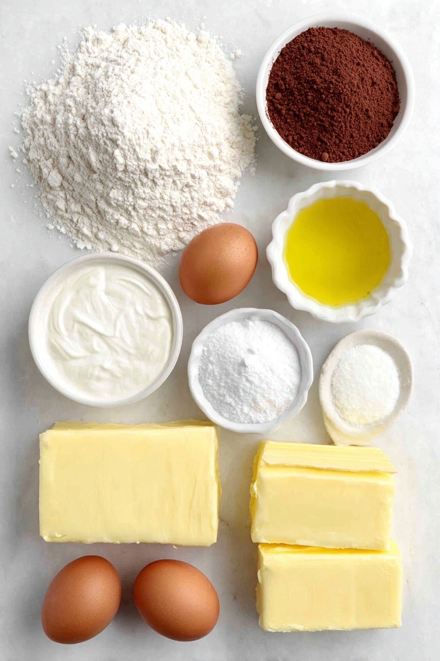 Flat lay of a small mound of all-purpose flour, a small pile of unsweetened cocoa powder, a small heap of baking soda powder, a small pinch of kosher salt crystals, a stick of unsalted butter partially melted, a small white ceramic bowl filled with clear vegetable oil, a small white ceramic bowl heaped with granulated sugar, a small white ceramic bowl of sour cream, a small white ceramic bowl of milk, three whole uncracked brown eggs, a small white ceramic bowl with pure vanilla extract, a small white ceramic bowl containing two tablespoons of vibrant red food coloring, three blocks of cream cheese, a whole stick of unsalted butter at room temperature, a small white ceramic bowl filled with powdered sugar, a small white ceramic bowl holding pure vanilla extract, and a small pinch of kosher salt crystals placed on a clean white marble surface, soft natural light, photo taken with an iPhone, professional food photography style, fresh ingredients, white ceramic bowls, no bottles, no duplicates, no utensils, no packaging --ar 2:3 --v 7 --p m7354615311229779997 - Red Velvet Cake with Cream Cheese Frosting, best Red Velvet Cake recipe, moist Red Velvet Cake, classic cream cheese frosting, stunning birthday cake
