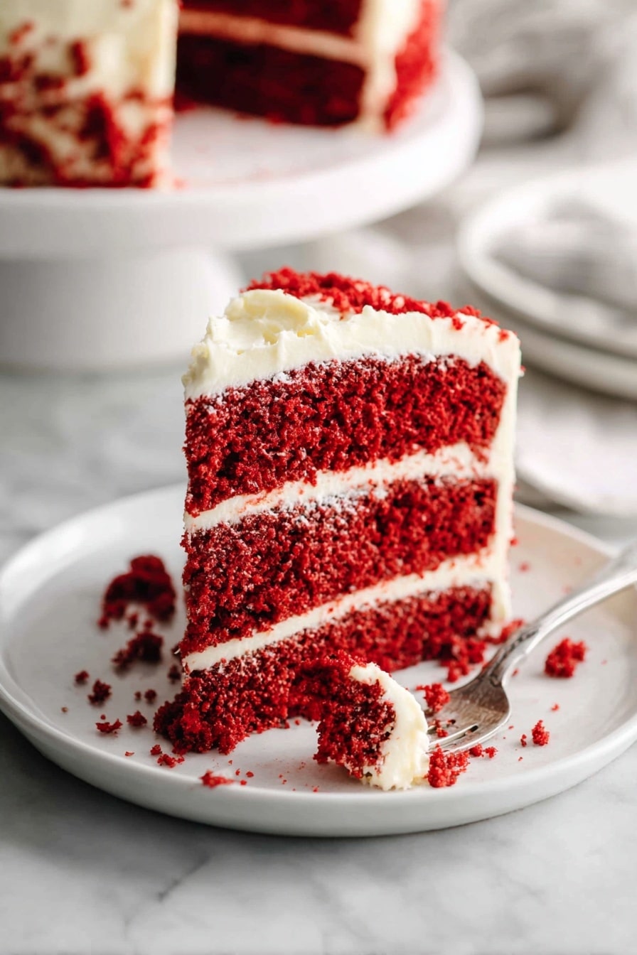 A white plate on a white marbled surface holds a slice of three-layer red velvet cake with cream cheese frosting between each vibrant red layer. The cake's texture looks soft and moist with fine crumbs clinging lightly to the creamy off-white frosting that covers the sides and top. A silver fork with a bite-sized piece of cake is placed at the base of the slice, with crumbs scattered around. In the background, a blurred white cake stand with more cake is visible. The photo taken with an iphone --ar 2:3 --v 7 - Red Velvet Cake with Cream Cheese Frosting, best Red Velvet Cake recipe, moist Red Velvet Cake, classic cream cheese frosting, stunning birthday cake