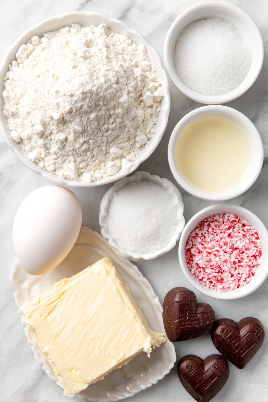 Flat lay of a small mound of all-purpose flour, a small pile of baking powder powder, a small pile of salt crystals, a block of unsalted butter softened with visible smooth texture, a small wedge of full-fat cream cheese, a small heap of granulated white sugar, one large whole egg with clean shell, a small white bowl of clear pure vanilla extract, a small white bowl of pale almond extract, a small white bowl filled with assorted pink and red sanding sugar crystals, and a neat row of unwrapped chocolate hearts in the shape of hearts—all ingredients arranged symmetrically on a clean white ceramic plate and bowls—placed on a clean white marble surface, soft natural light, photo taken with an iPhone, professional food photography style, fresh ingredients, white ceramic bowls, no bottles, no duplicates, no utensils, no packaging --ar 2:3 --v 7 --p m7354615311229779997 - Sweetheart Cookie Recipe with Chocolate Hearts, romantic cookies with chocolate, easy Valentine's Day cookies, festive sweetheart cookies, tender butter cookies with chocolate