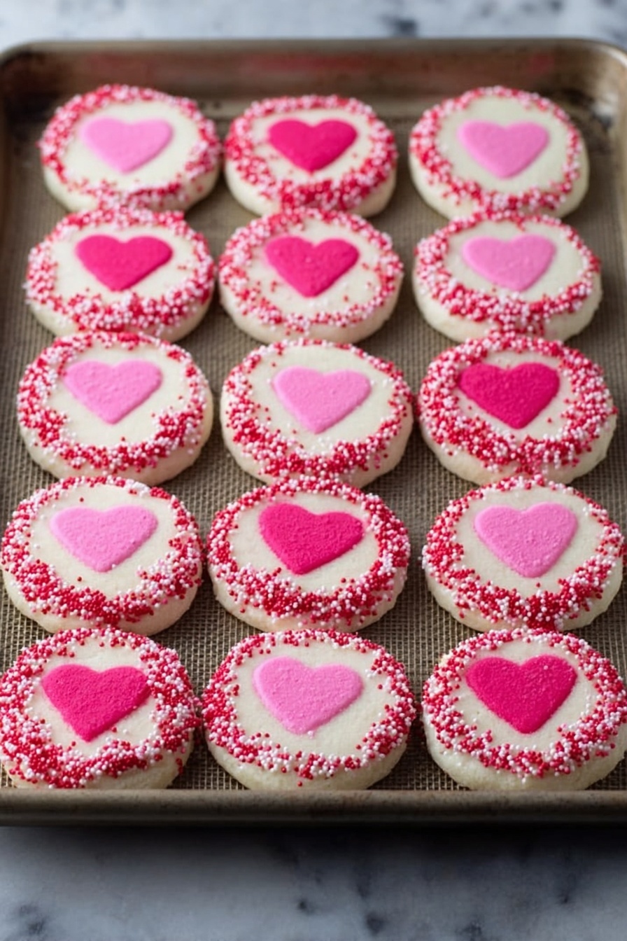 The image shows a tray with rows of round cookies placed on a baking sheet. Each cookie has three layers: a white outer layer covered with small pink and red sprinkles around the edges, a white smooth middle layer, and a heart shape in the center. The hearts are in two different shades of pink, alternating between bright pink and softer pink. The tray is on a white marbled surface. The cookies are arranged neatly in rows, all similar in size and shape. photo taken with an iphone --ar 2:3 --v 7 - Valentine’s Day Slice and Bake Cookies, festive Valentine’s cookies, easy heart-shaped cookies, holiday cookie ideas, colorful Valentine treats
